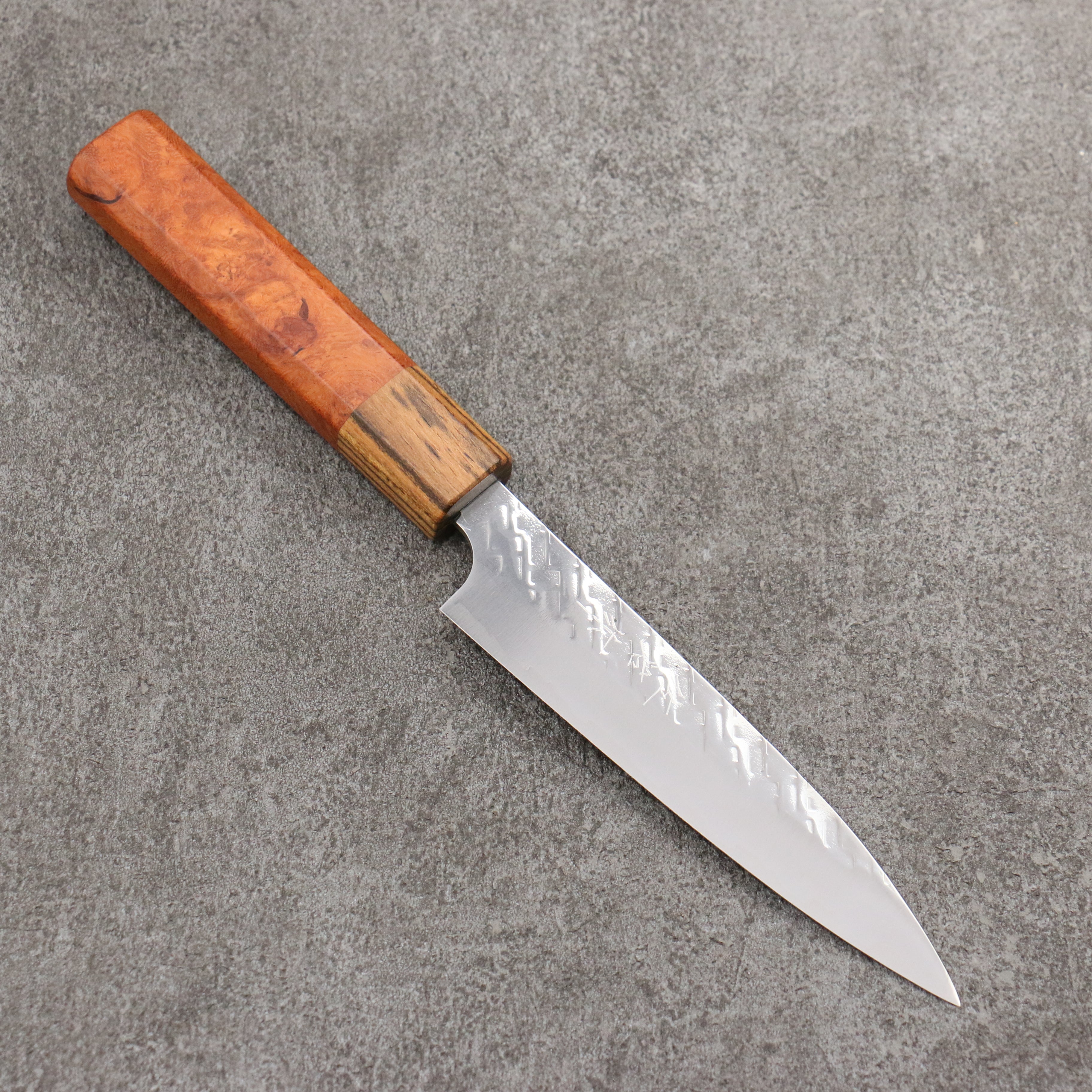 Takeshi Saji SPG STRIX Hammered Migaki Finished Petty-Utility 130mm Chinese Quince Burl (Ferrule: Bocote) Handle - Seisuke Knife