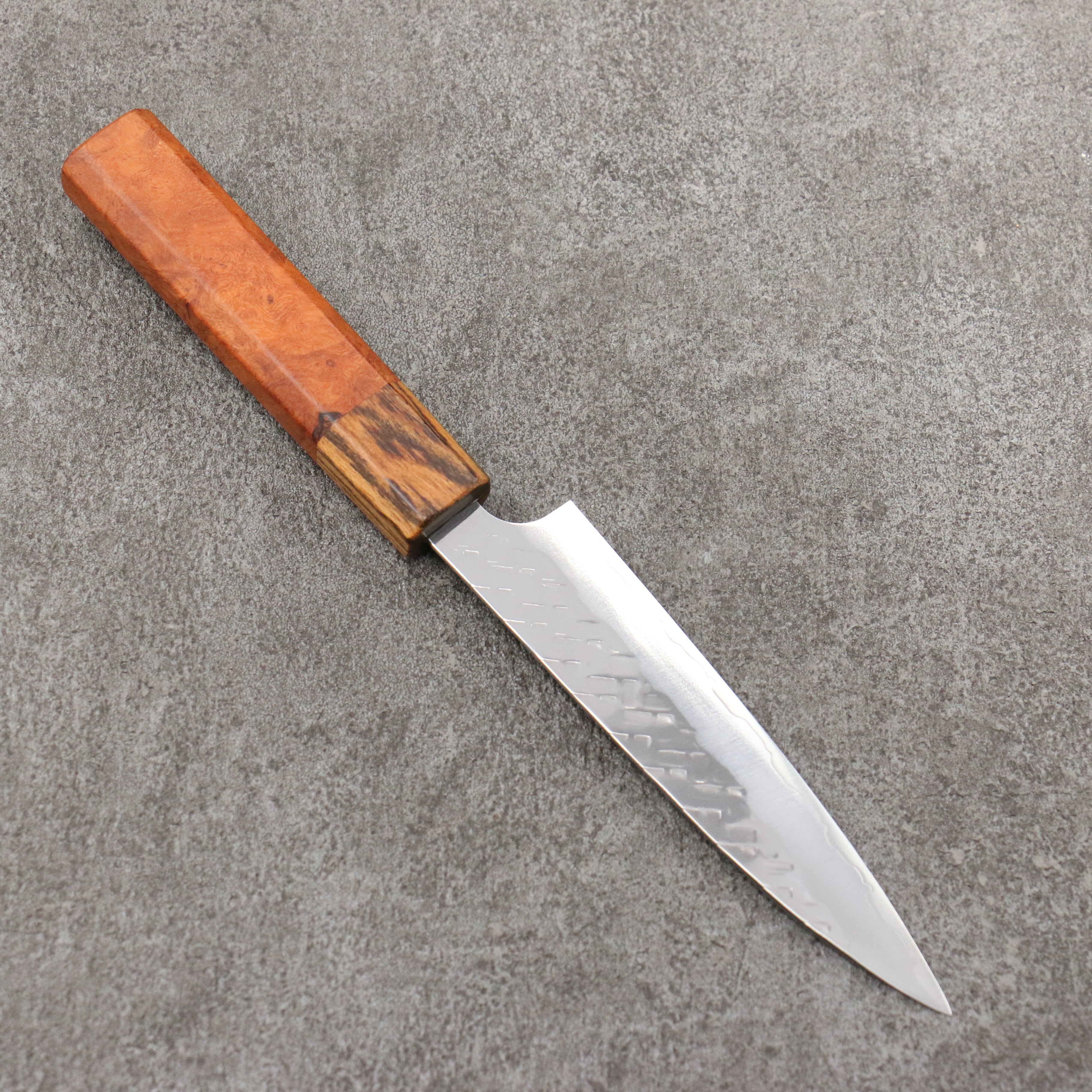 Takeshi Saji SPG STRIX Hammered Migaki Finished Petty-Utility 130mm Chinese Quince Burl (Ferrule: Bocote) Handle - Seisuke Knife