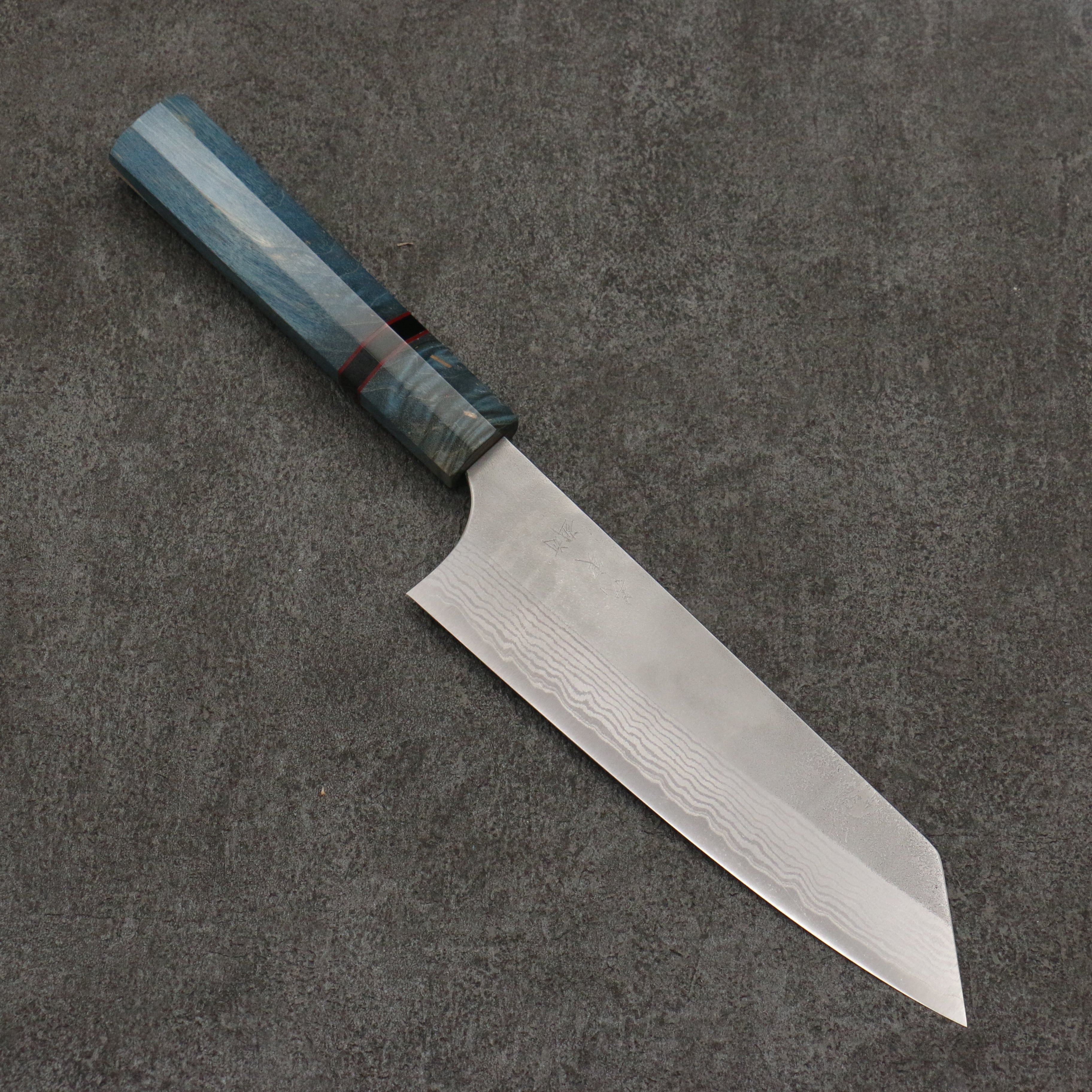 Yoshimi Kato VG10 Nashiji Damascus Bunka 170mm Blue Stabilized Wood (With Black Ring) Handle - Seisuke Knife