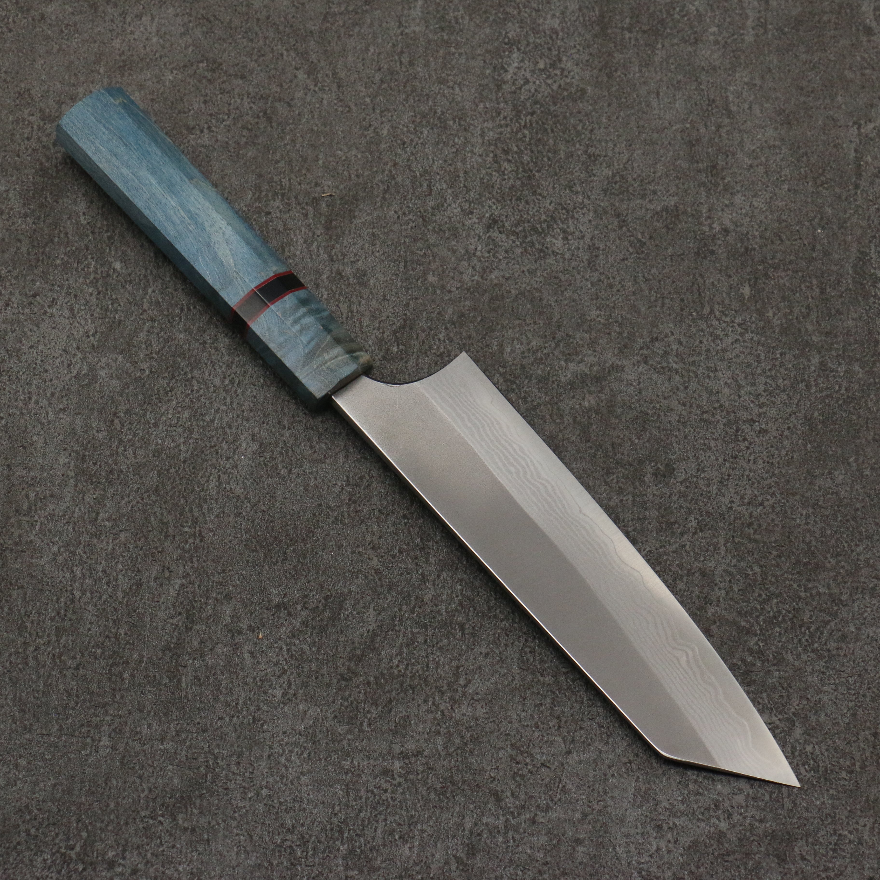 Yoshimi Kato VG10 Nashiji Damascus Bunka 170mm Blue Stabilized Wood (With Black Ring) Handle - Seisuke Knife