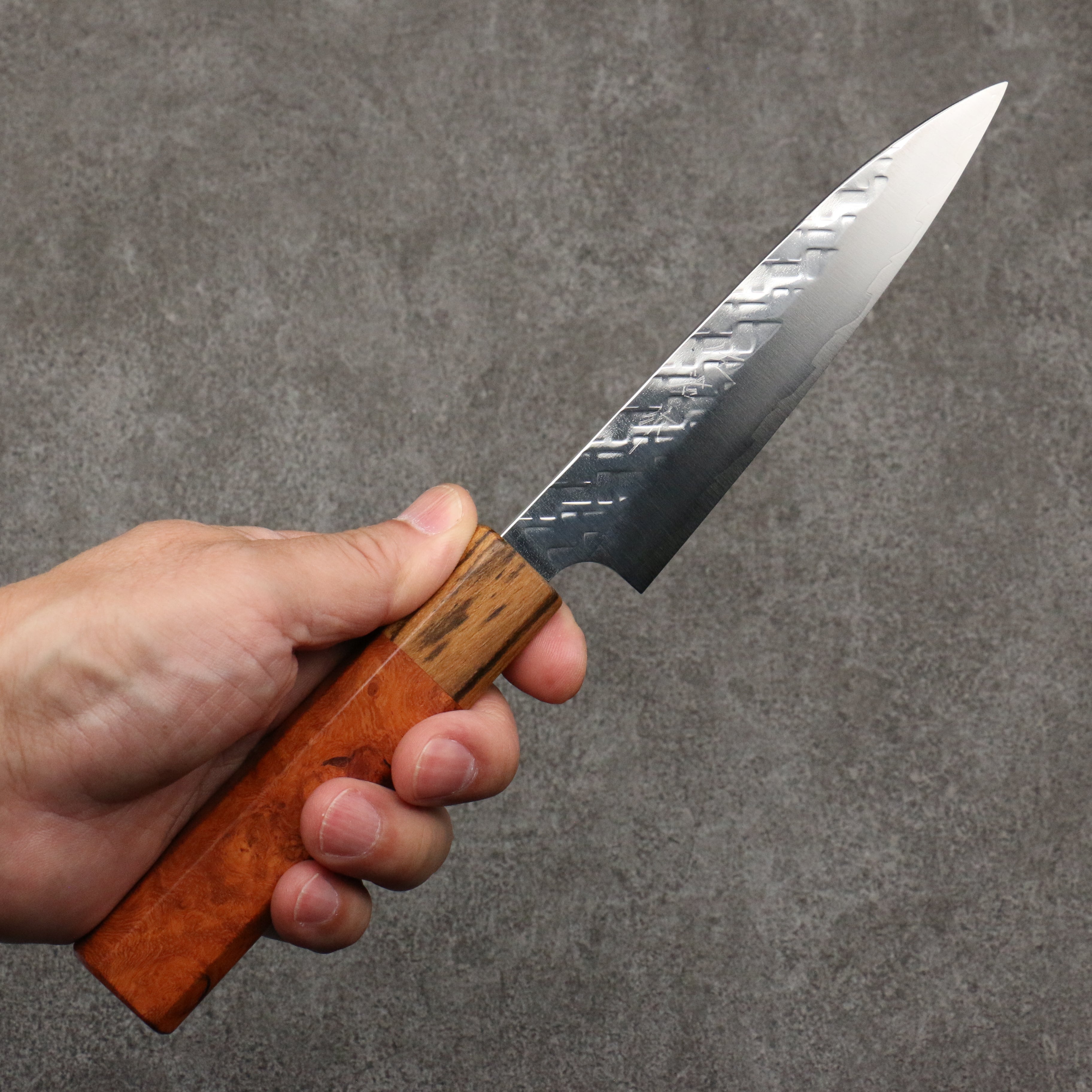 Takeshi Saji SPG STRIX Hammered Migaki Finished Petty-Utility 130mm Chinese Quince Burl (Ferrule: Bocote) Handle - Seisuke Knife