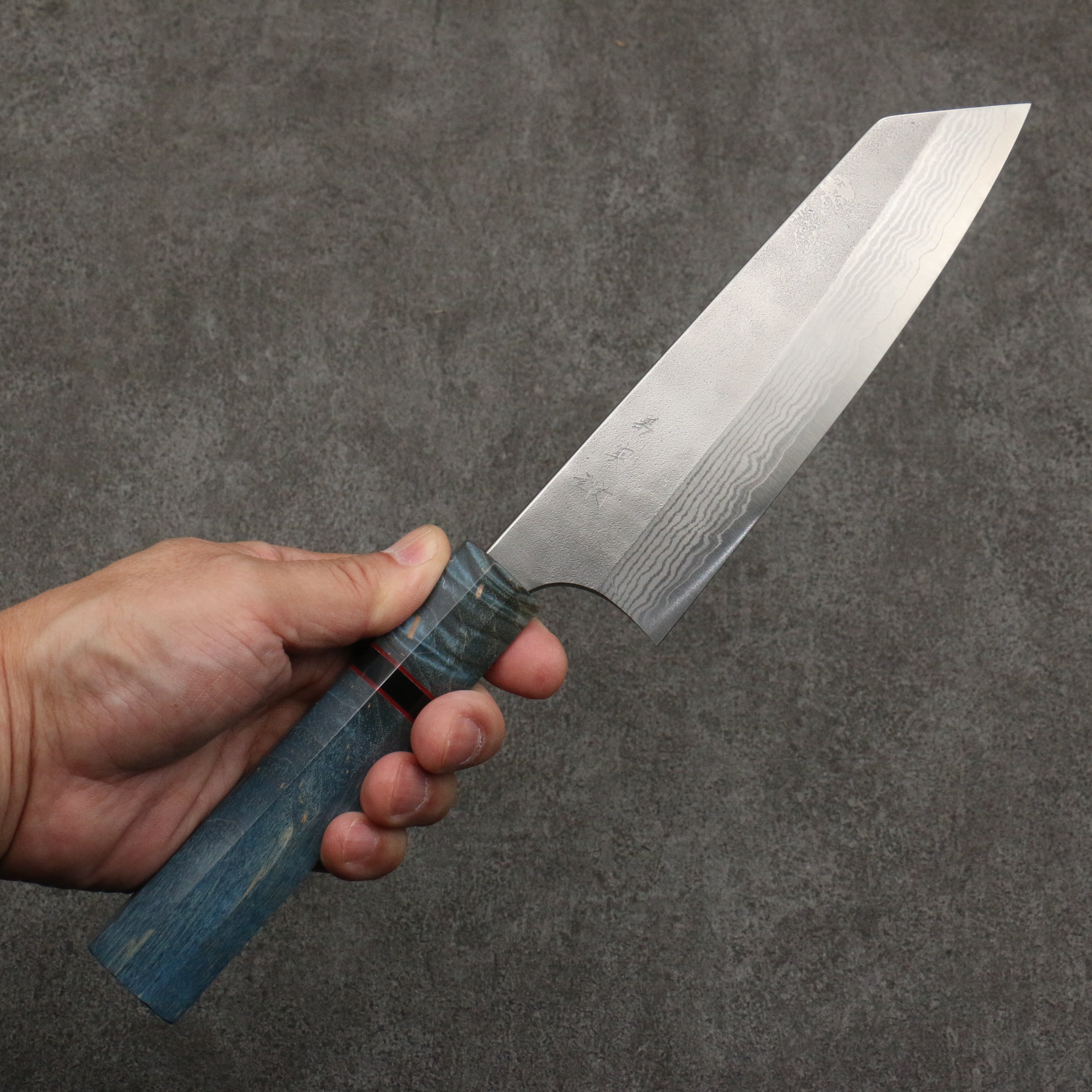 Yoshimi Kato VG10 Nashiji Damascus Bunka 170mm Blue Stabilized Wood (With Black Ring) Handle - Seisuke Knife