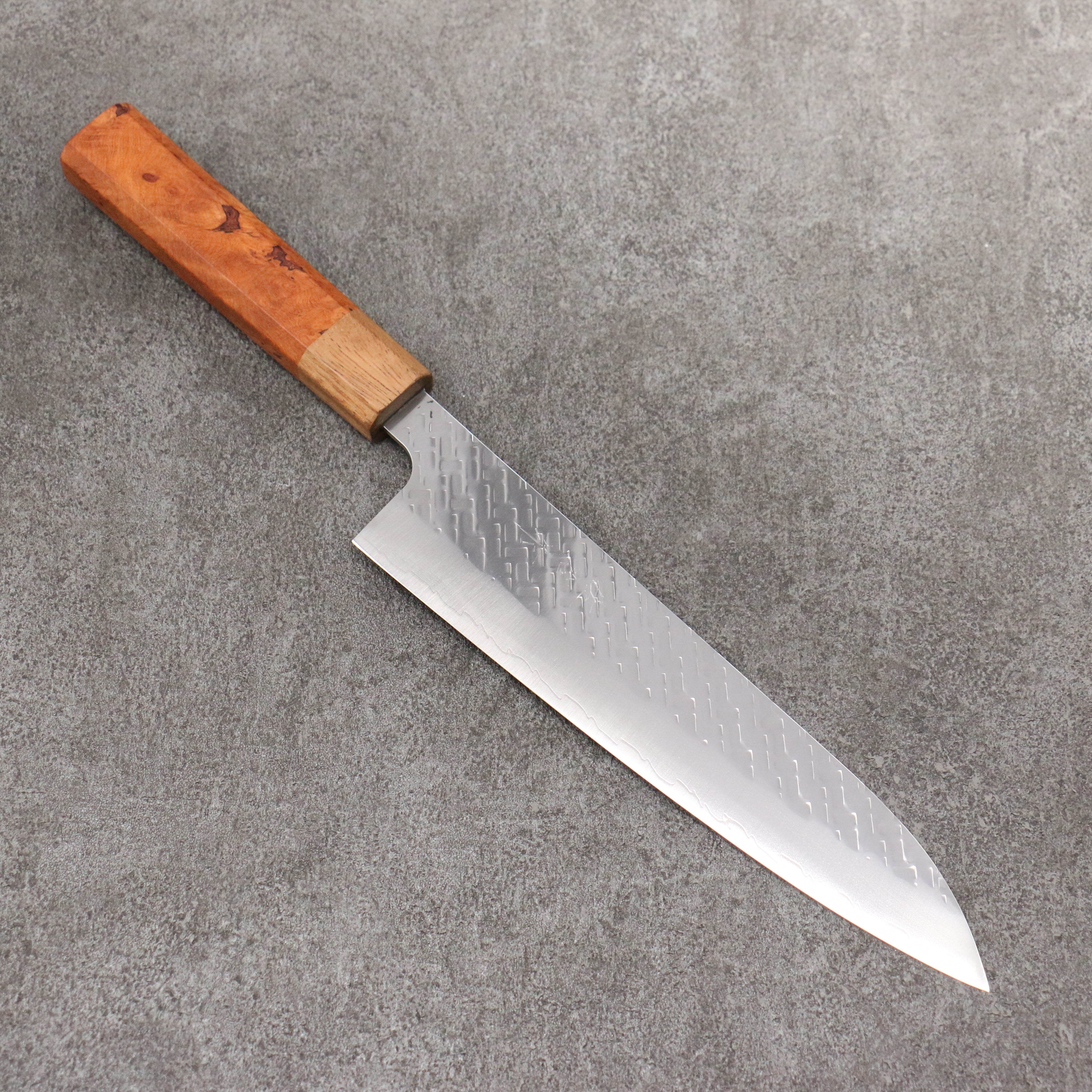 Takeshi Saji SPG STRIX Hammered Migaki Finished Gyuto 210mm Chinese Quince Burl (Ferrule: Monkey Pod Tree) Handle - Seisuke Knife