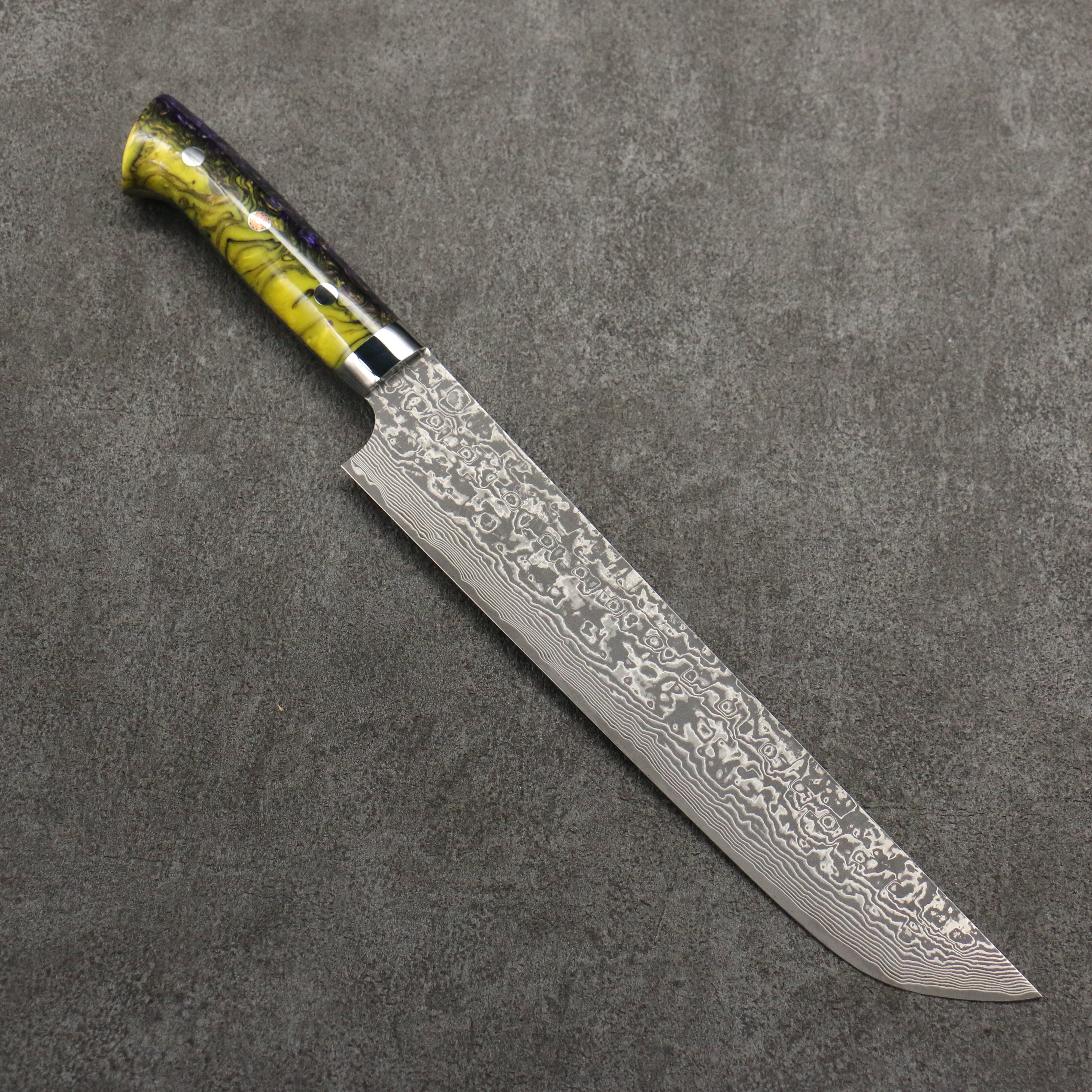 Takeshi Saji SG2 Black Damascus Sakimaru Sujihiki 240mm Purple and Yellow Marble Acrylic Handle - Seisuke Knife