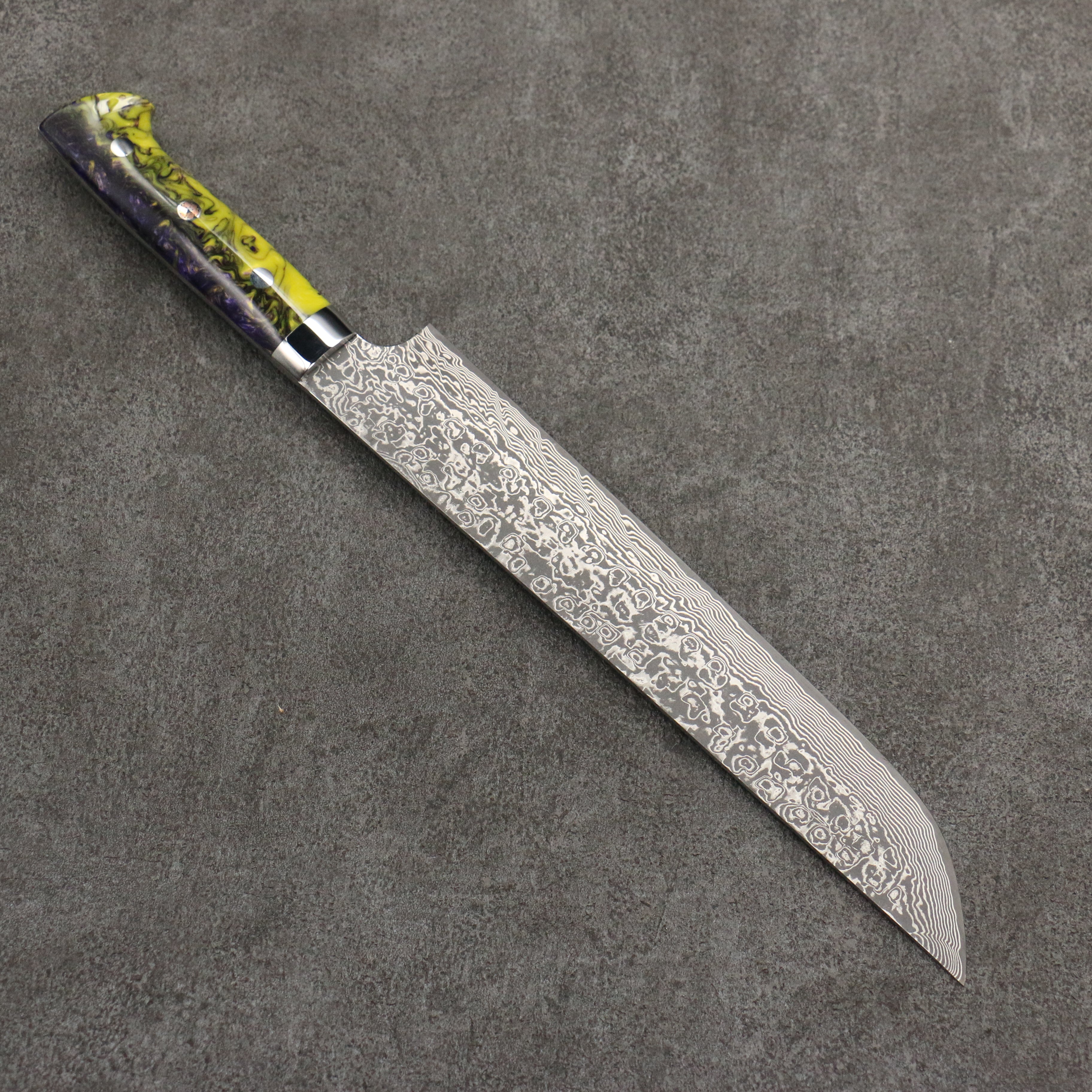 Takeshi Saji SG2 Black Damascus Sakimaru Sujihiki 240mm Purple and Yellow Marble Acrylic Handle - Seisuke Knife