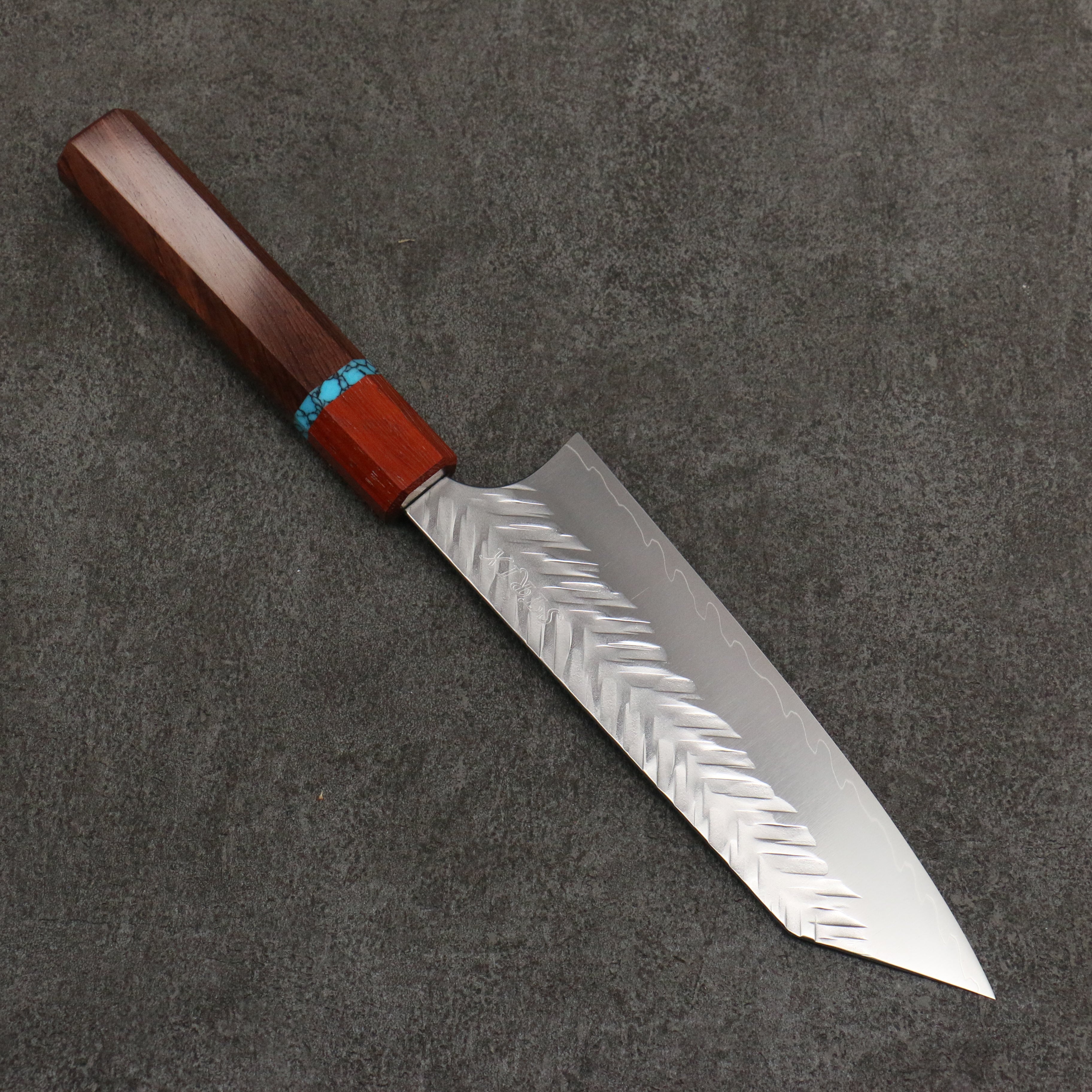 Yoshimi Kato SPG STRIX Hammered (V) Bunka 170mm Rosewood (Turquoise Ring) Handle - Seisuke Knife