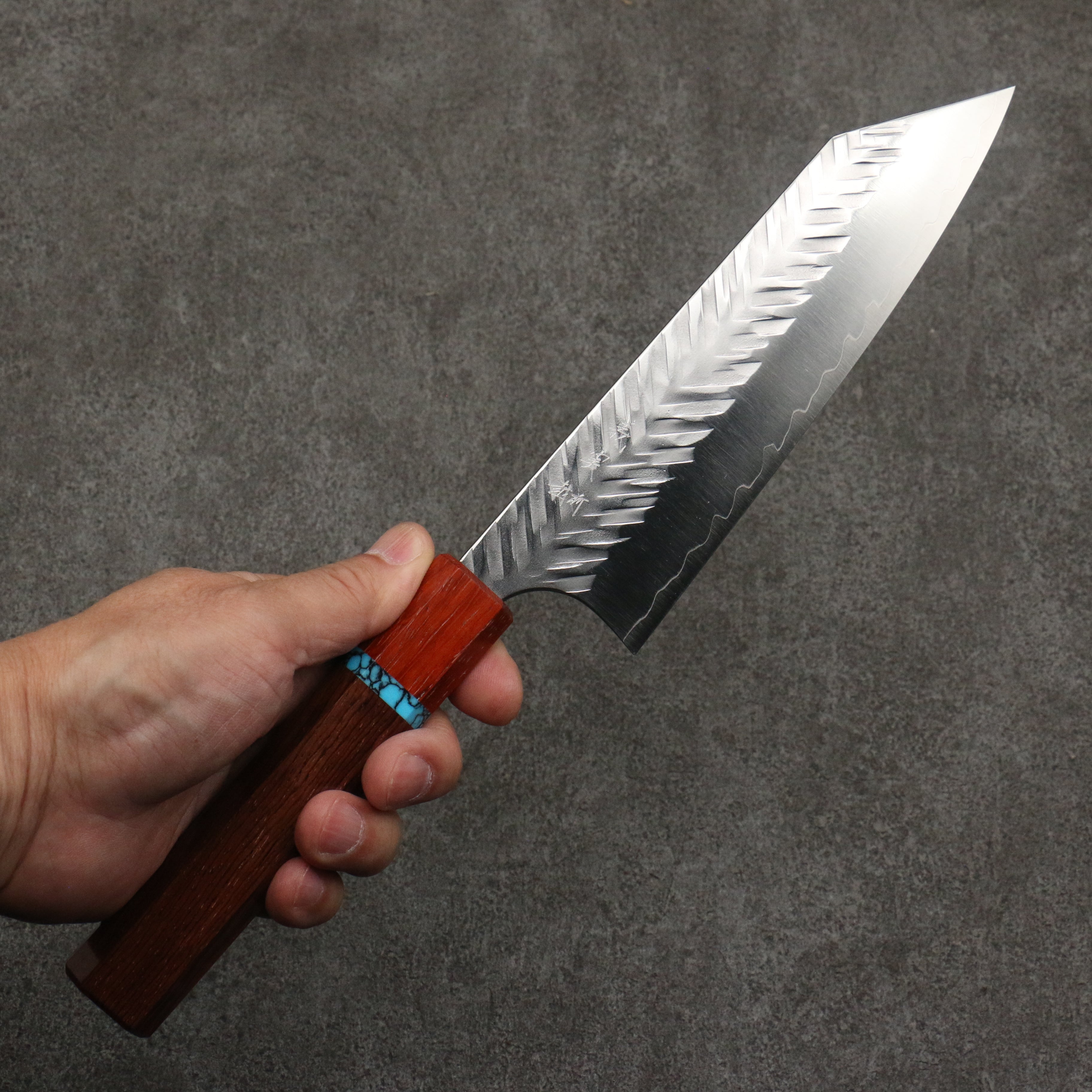 Yoshimi Kato SPG STRIX Hammered (V) Bunka 170mm Rosewood (Turquoise Ring) Handle - Seisuke Knife