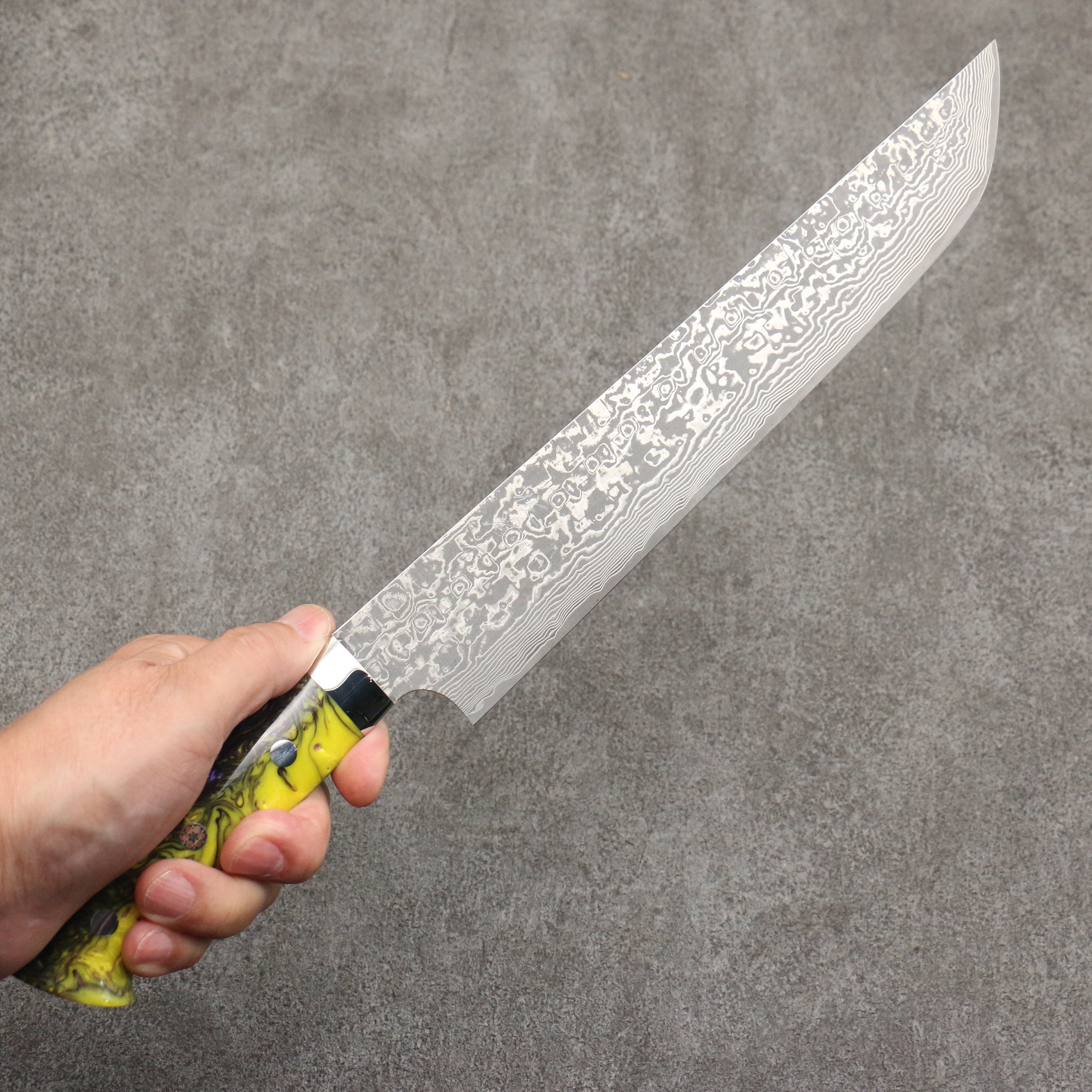 Takeshi Saji SG2 Black Damascus Sakimaru Sujihiki 240mm Purple and Yellow Marble Acrylic Handle - Seisuke Knife