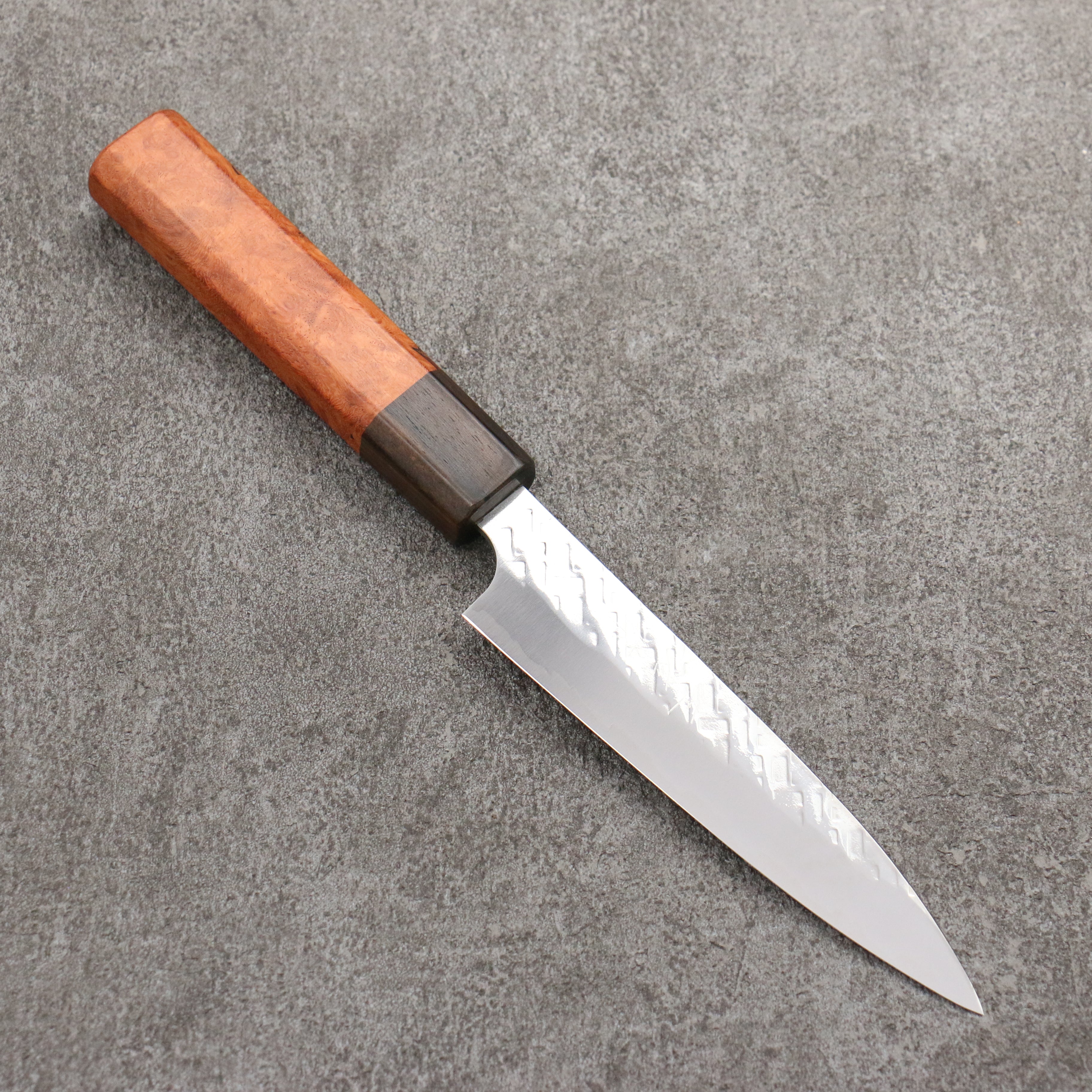 Takeshi Saji SPG STRIX Hammered Migaki Finished Petty-Utility 130mm Chinese Quince Burl (Ferrule: Ziricote) Handle - Seisuke Knife