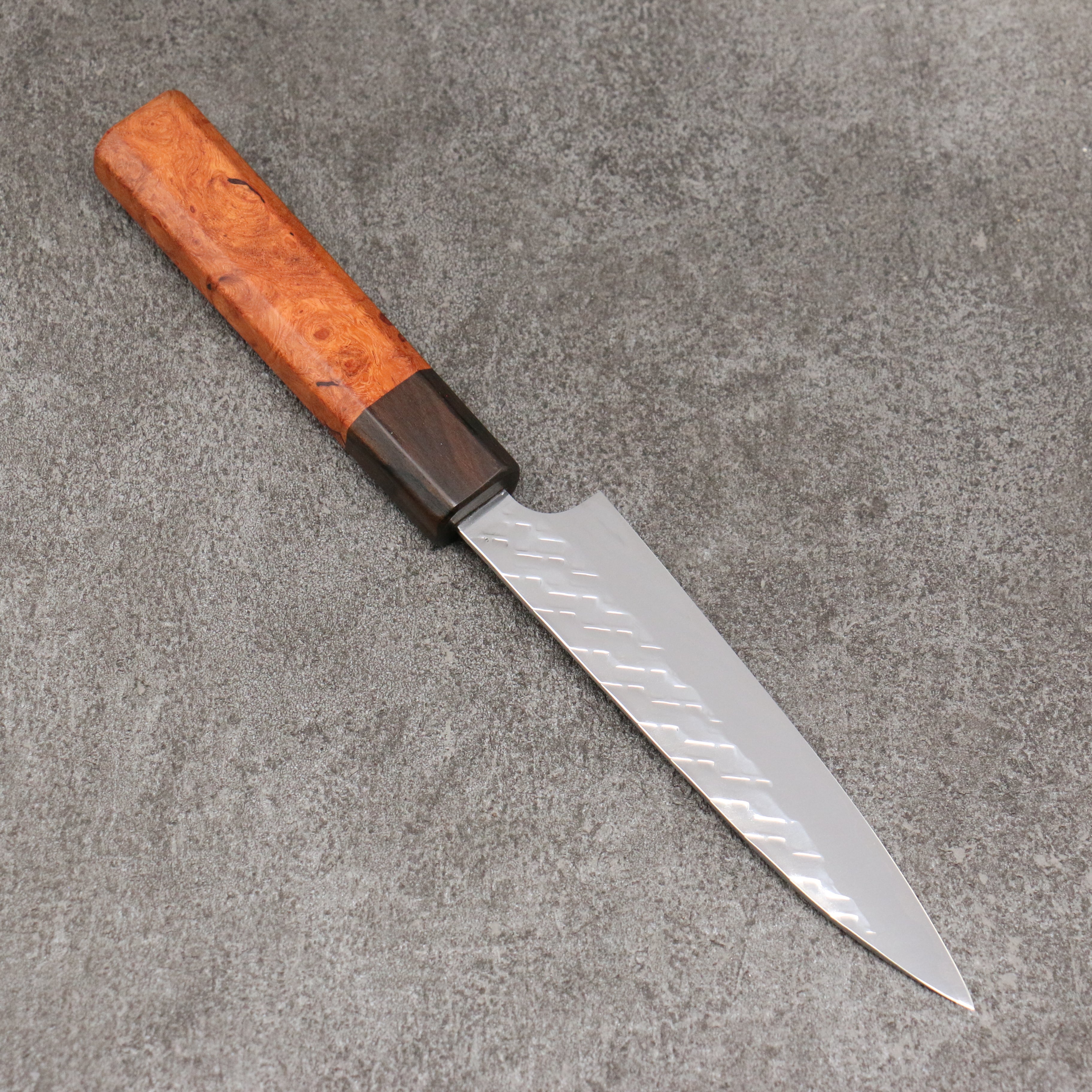 Takeshi Saji SPG STRIX Hammered Migaki Finished Petty-Utility 130mm Chinese Quince Burl (Ferrule: Ziricote) Handle - Seisuke Knife