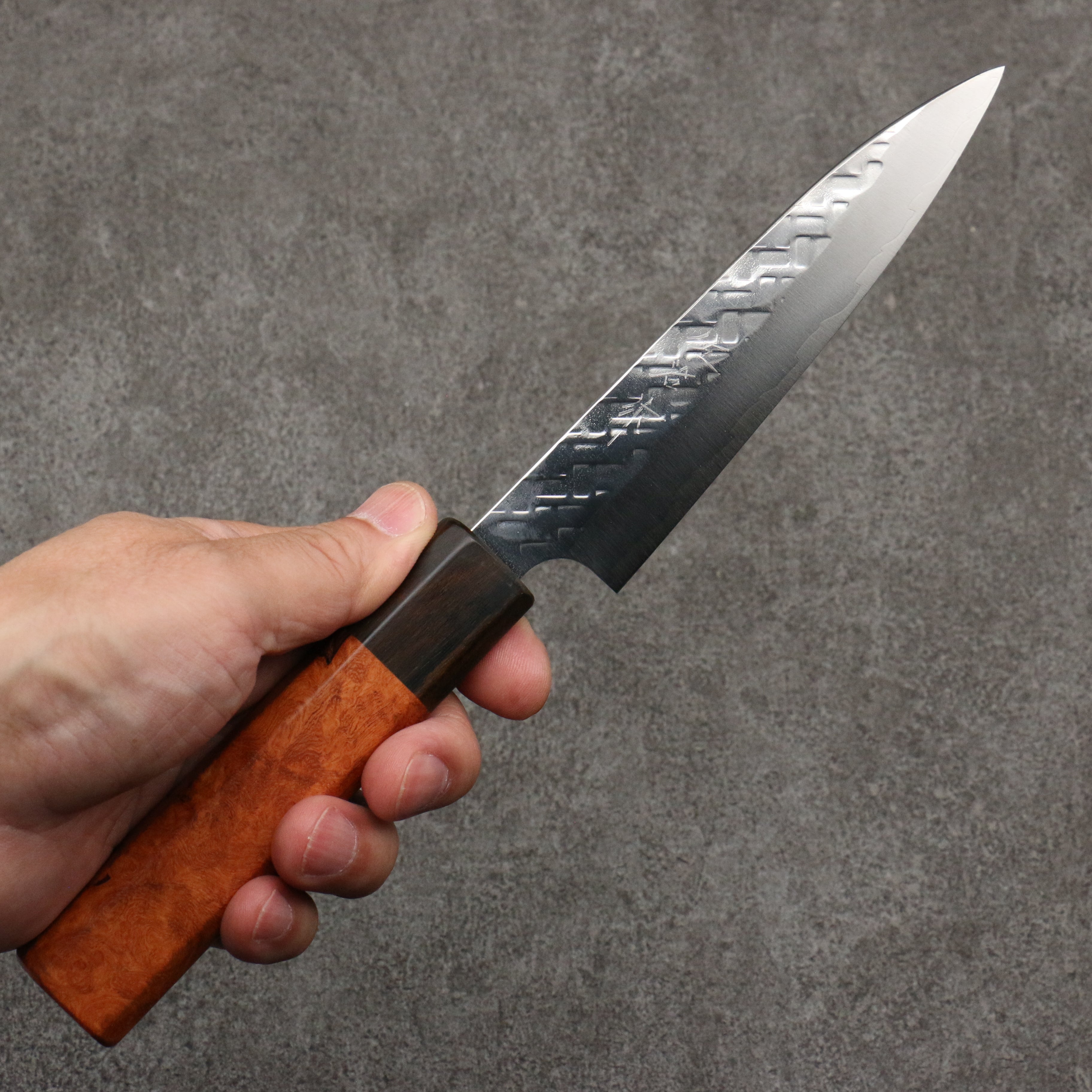 Takeshi Saji SPG STRIX Hammered Migaki Finished Petty-Utility 130mm Chinese Quince Burl (Ferrule: Ziricote) Handle - Seisuke Knife