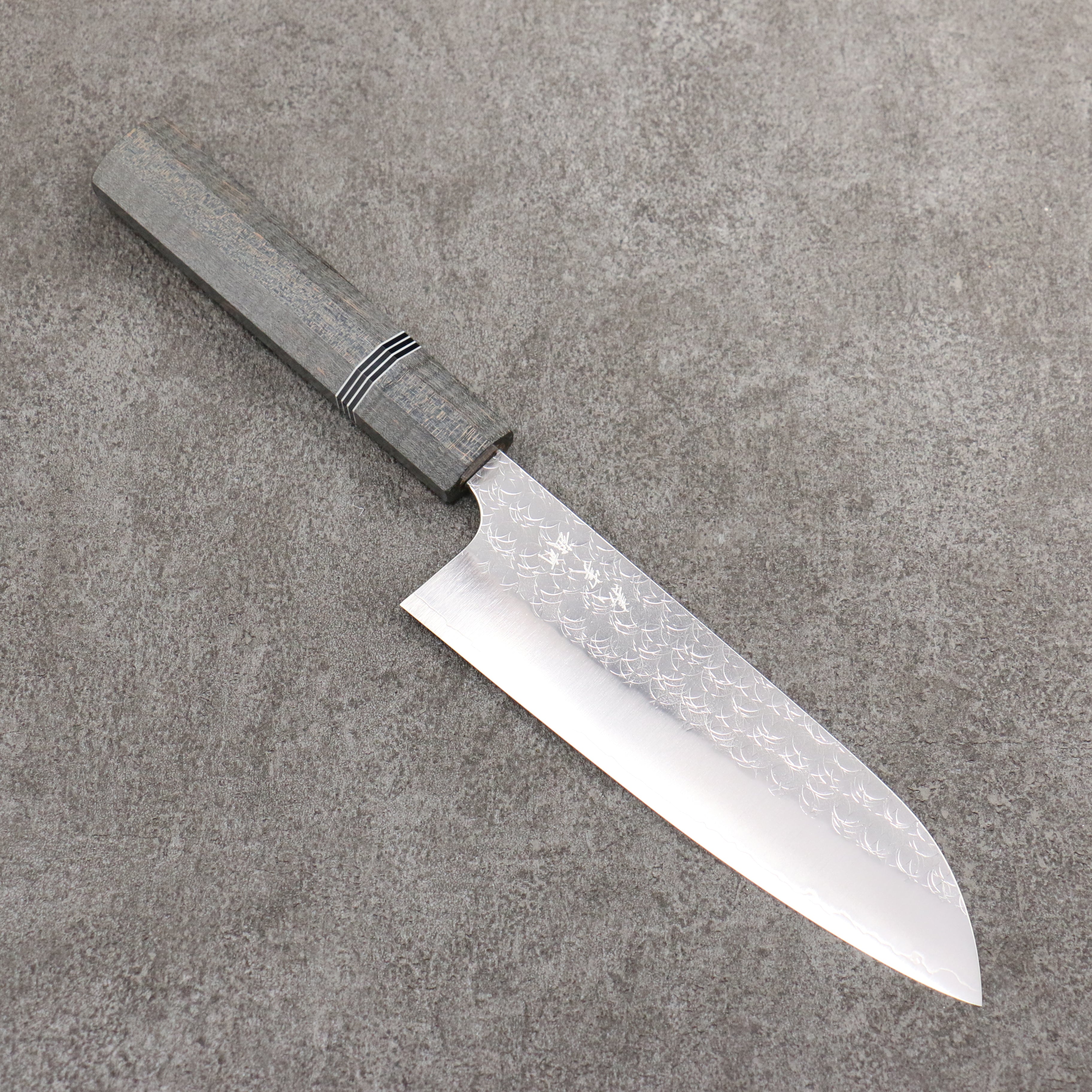 Yoshimi Kato Minamo SG2 Hammered Santoku 170mm Gray Stablilized Wood (Black and White Rings) Handle - Seisuke Knife