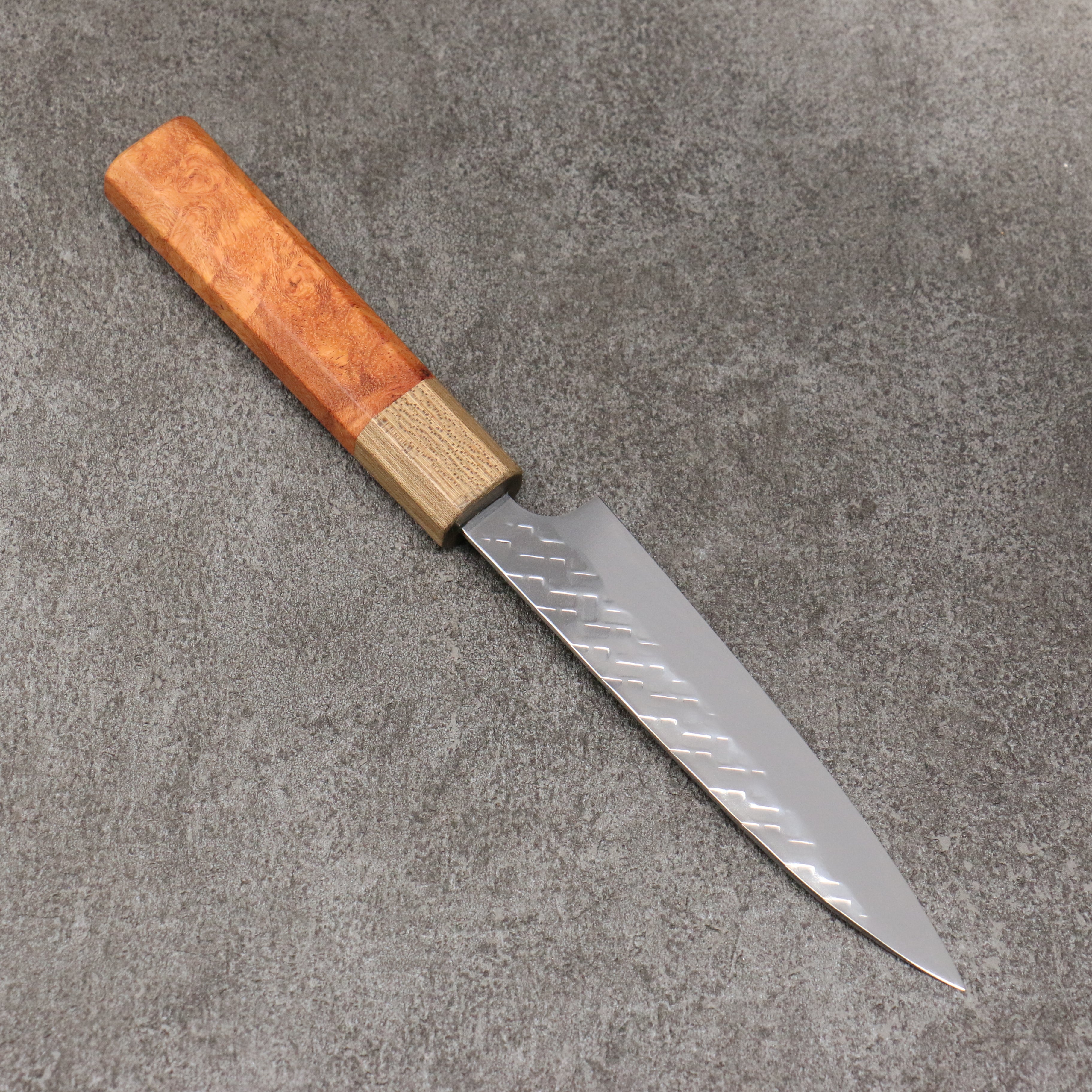 Takeshi Saji SPG STRIX Hammered Migaki Finished Petty-Utility 130mm Chinese Quince Burl (Ferrule: Ancient Chinese Ash) Handle - Seisuke Knife