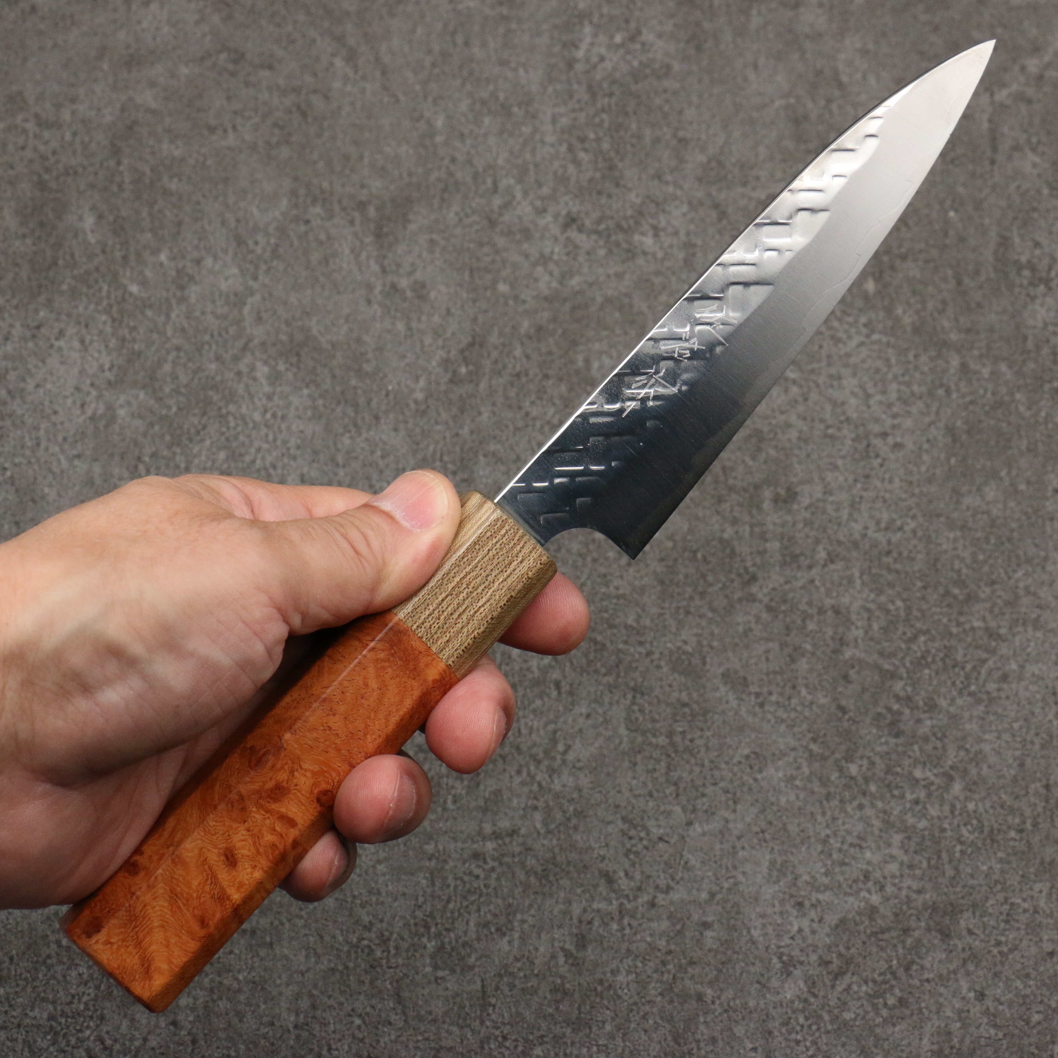 Takeshi Saji SPG STRIX Hammered Migaki Finished Petty-Utility 130mm Chinese Quince Burl (Ferrule: Ancient Chinese Ash) Handle - Seisuke Knife