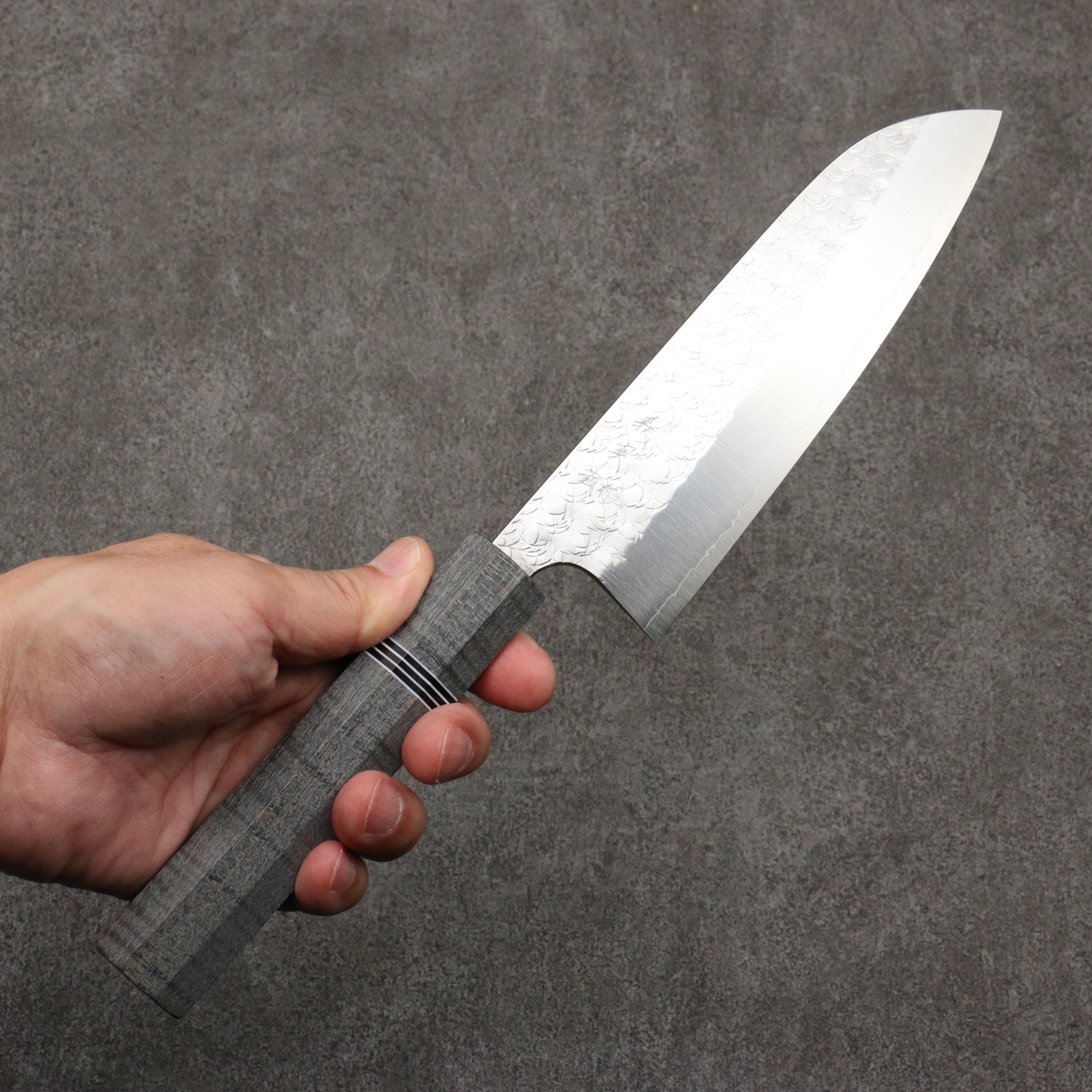 Yoshimi Kato Minamo SG2 Hammered Santoku 170mm Gray Stablilized Wood (Black and White Rings) Handle - Seisuke Knife