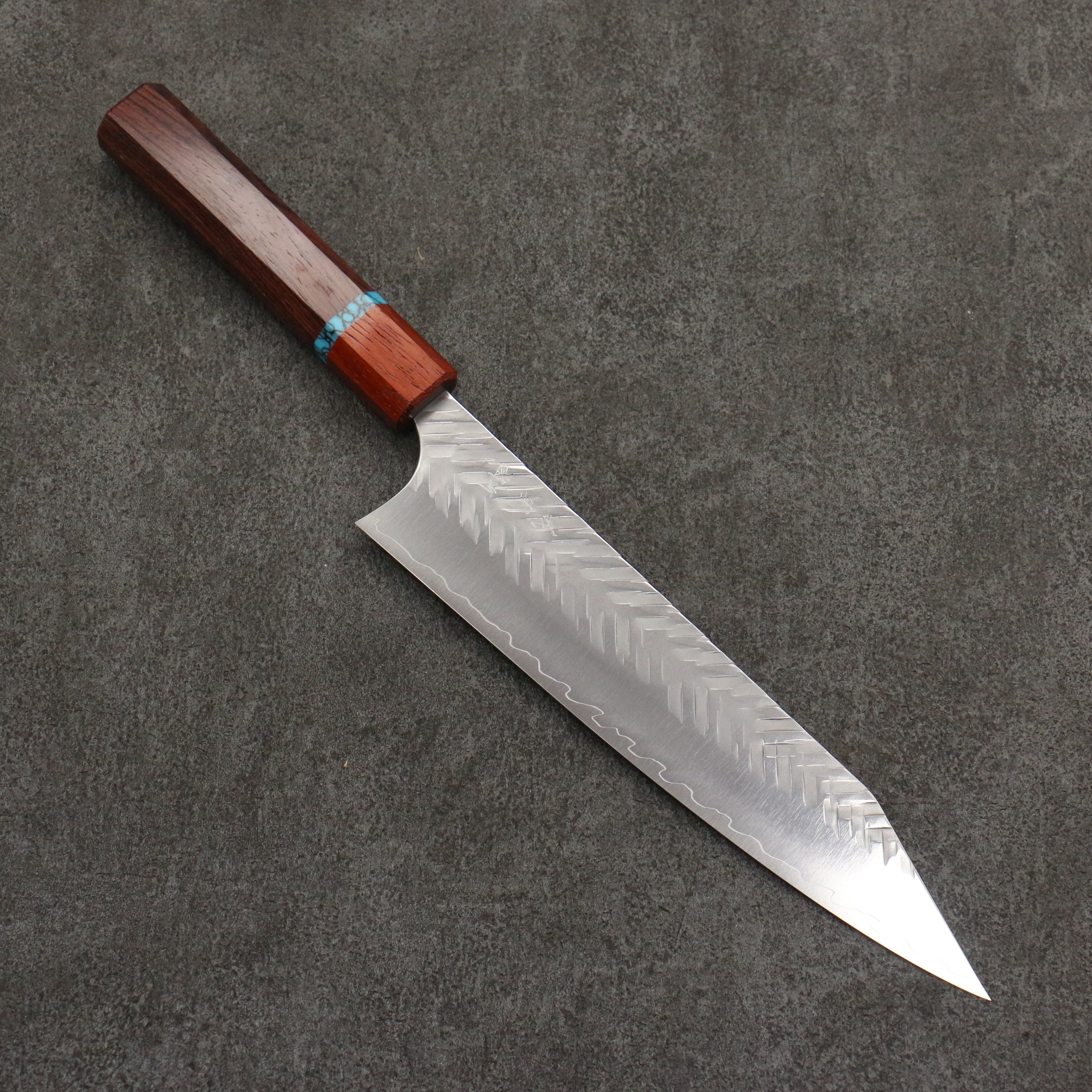 Yoshimi Kato SPG STRIX Hammered (V) Kiritsuke Gyuto 210mm Rosewood (Turquoise Ring) Handle - Seisuke Knife