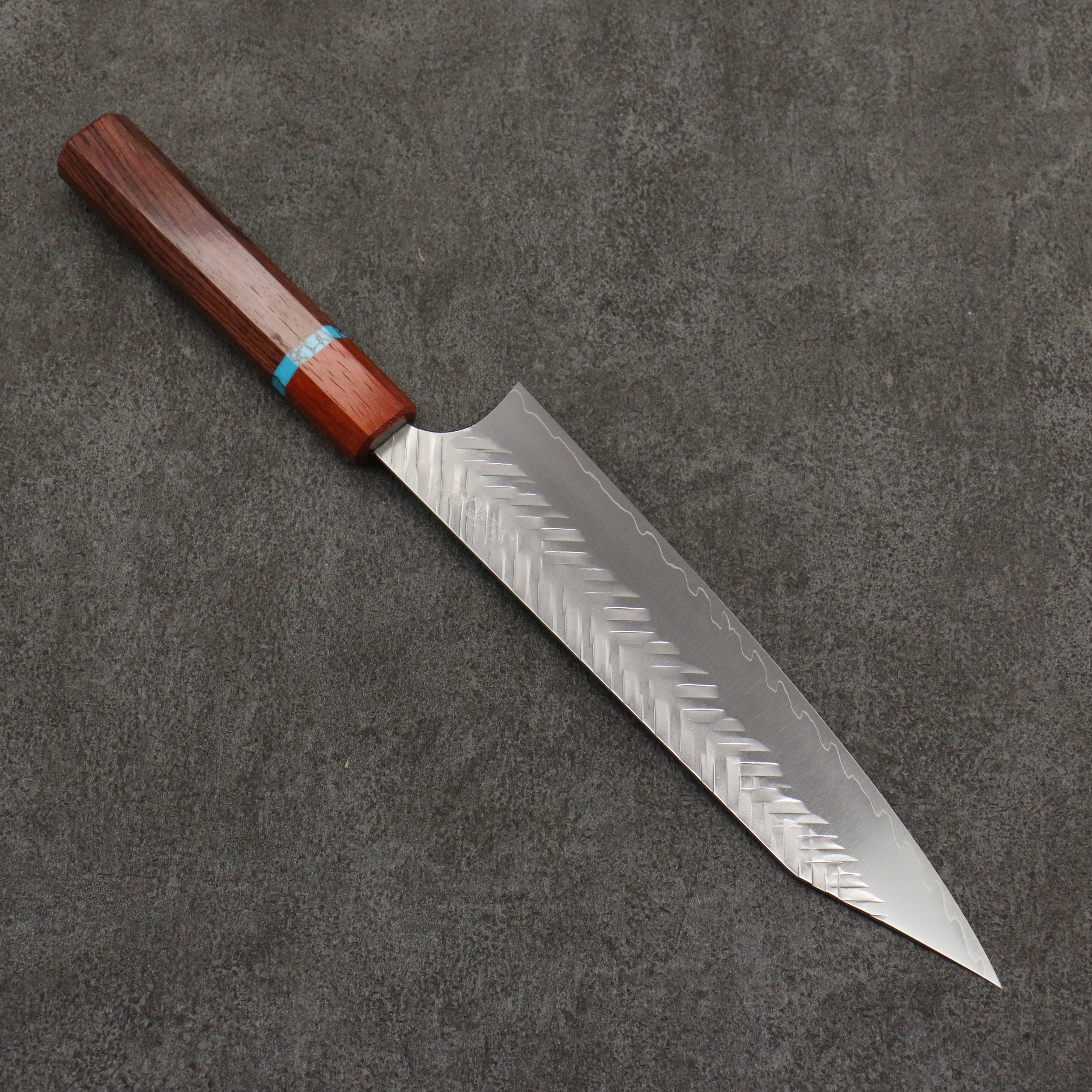 Yoshimi Kato SPG STRIX Hammered (V) Kiritsuke Gyuto 210mm Rosewood (Turquoise Ring) Handle - Seisuke Knife