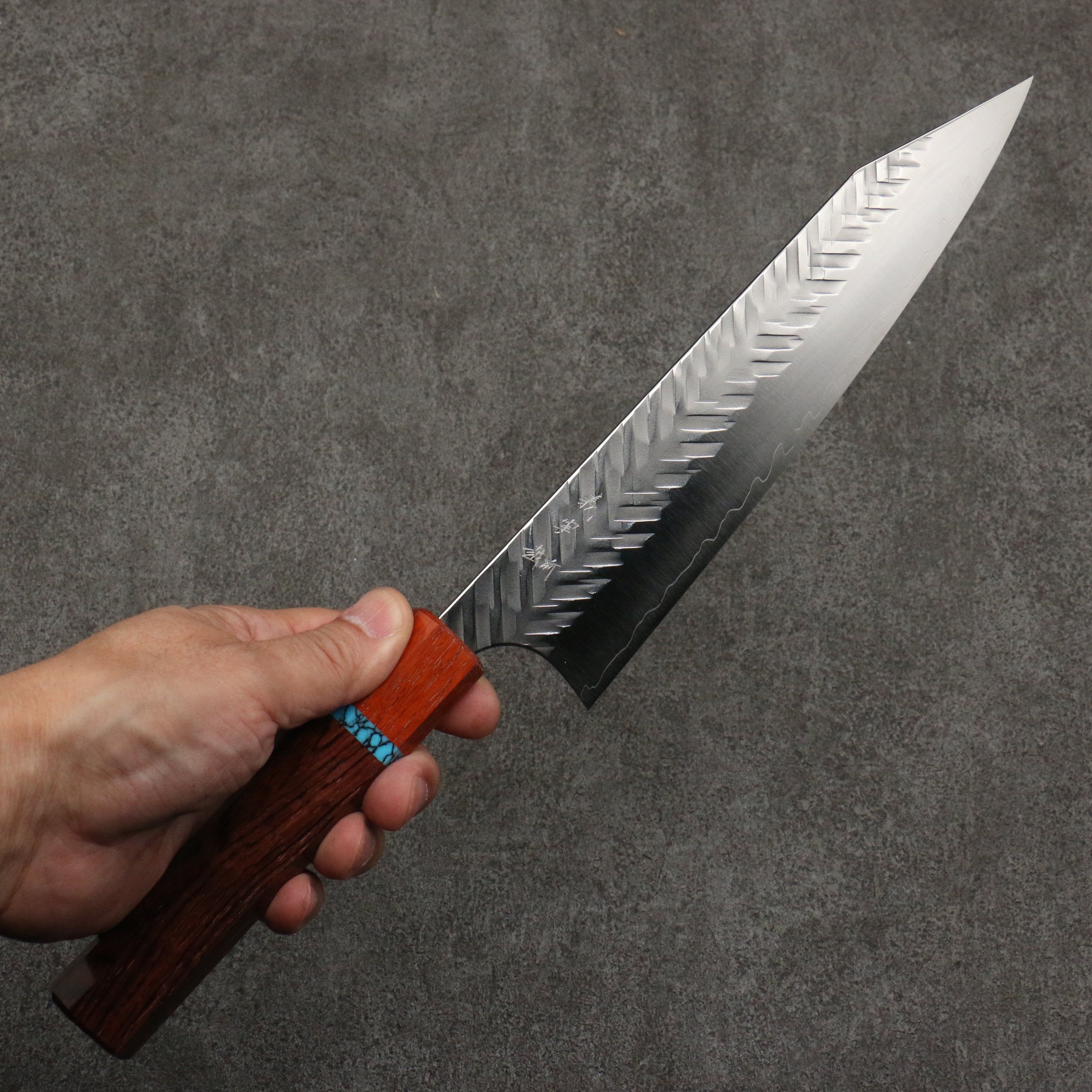 Yoshimi Kato SPG STRIX Hammered (V) Kiritsuke Gyuto 210mm Rosewood (Turquoise Ring) Handle - Seisuke Knife