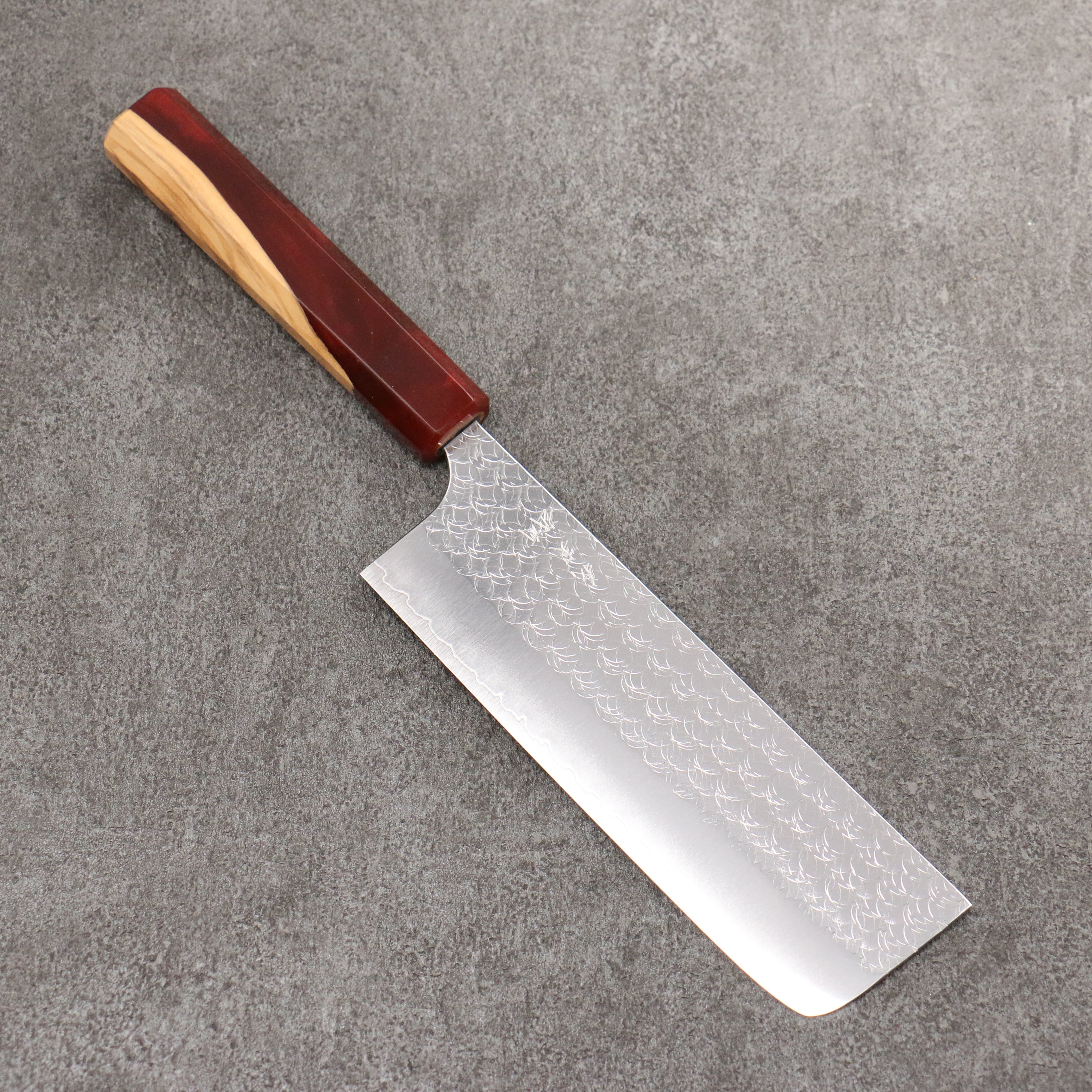 Yoshimi Kato Minamo SG2 Hammered Nakiri 165mm Olive Tree and Red Resin Handle - Seisuke Knife