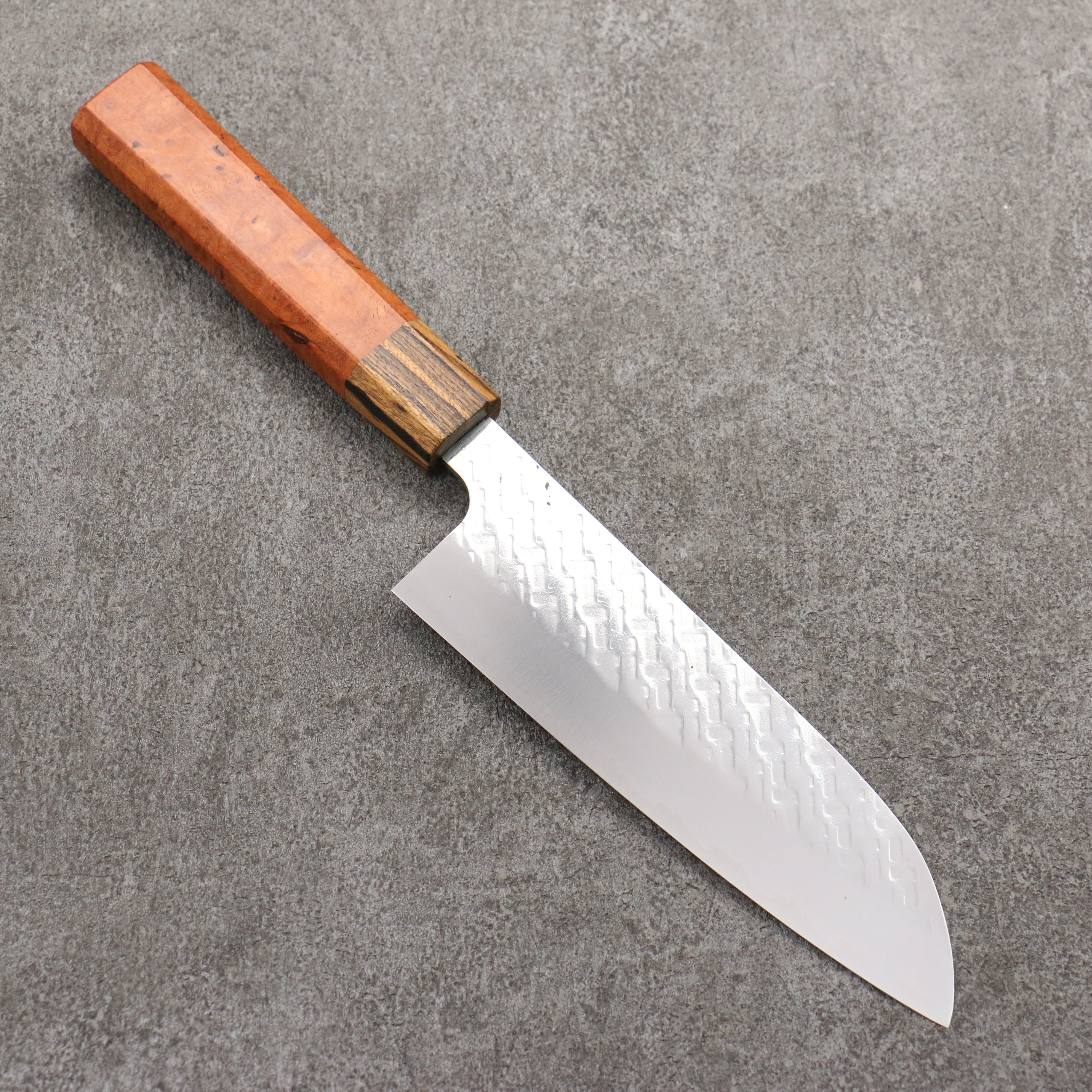 Takeshi Saji SPG STRIX Hammered Migaki Finished Santoku 165mm Chinese Quince Burl (Ferrule: Bocote) Handle - Seisuke Knife