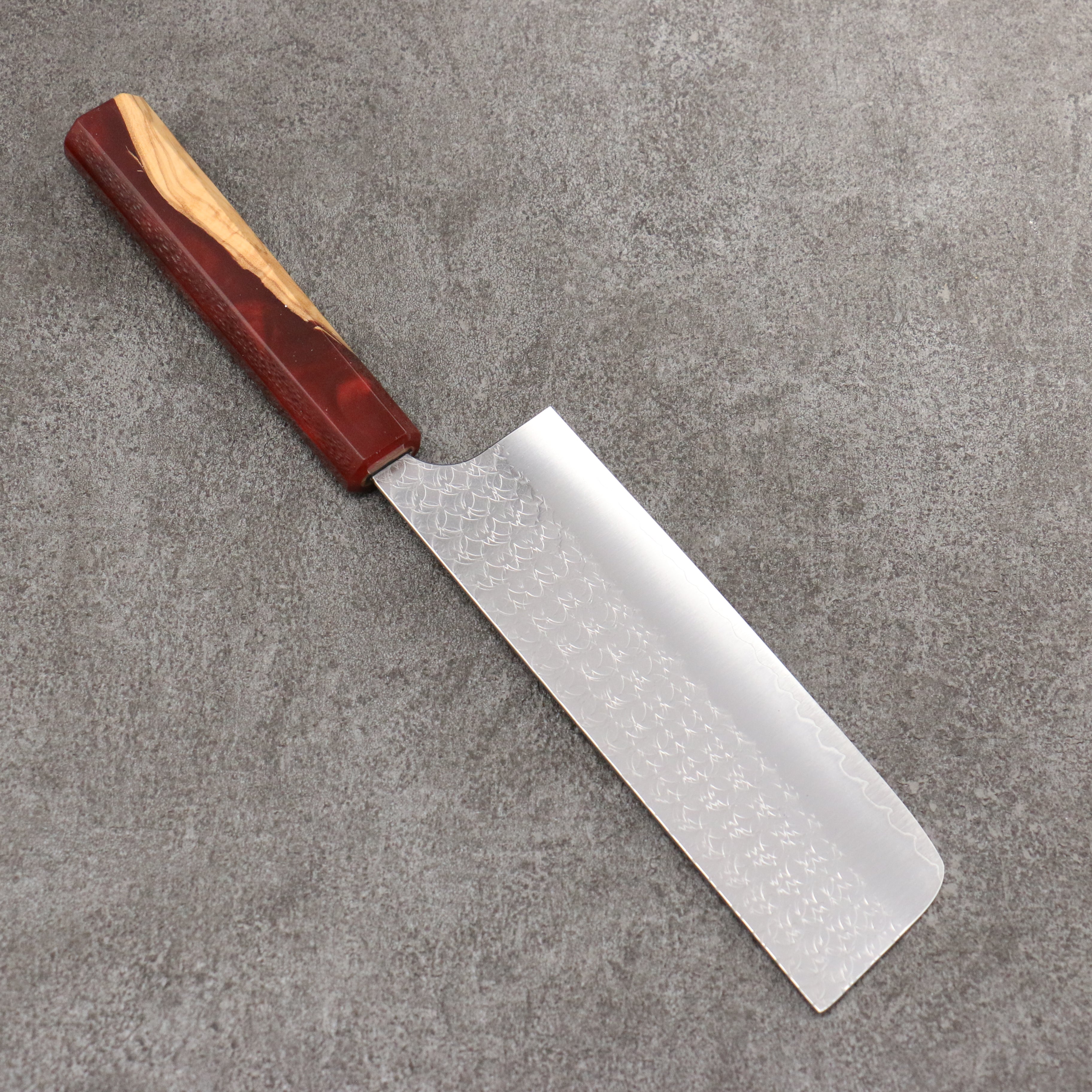 Yoshimi Kato Minamo SG2 Hammered Nakiri 165mm Olive Tree and Red Resin Handle - Seisuke Knife