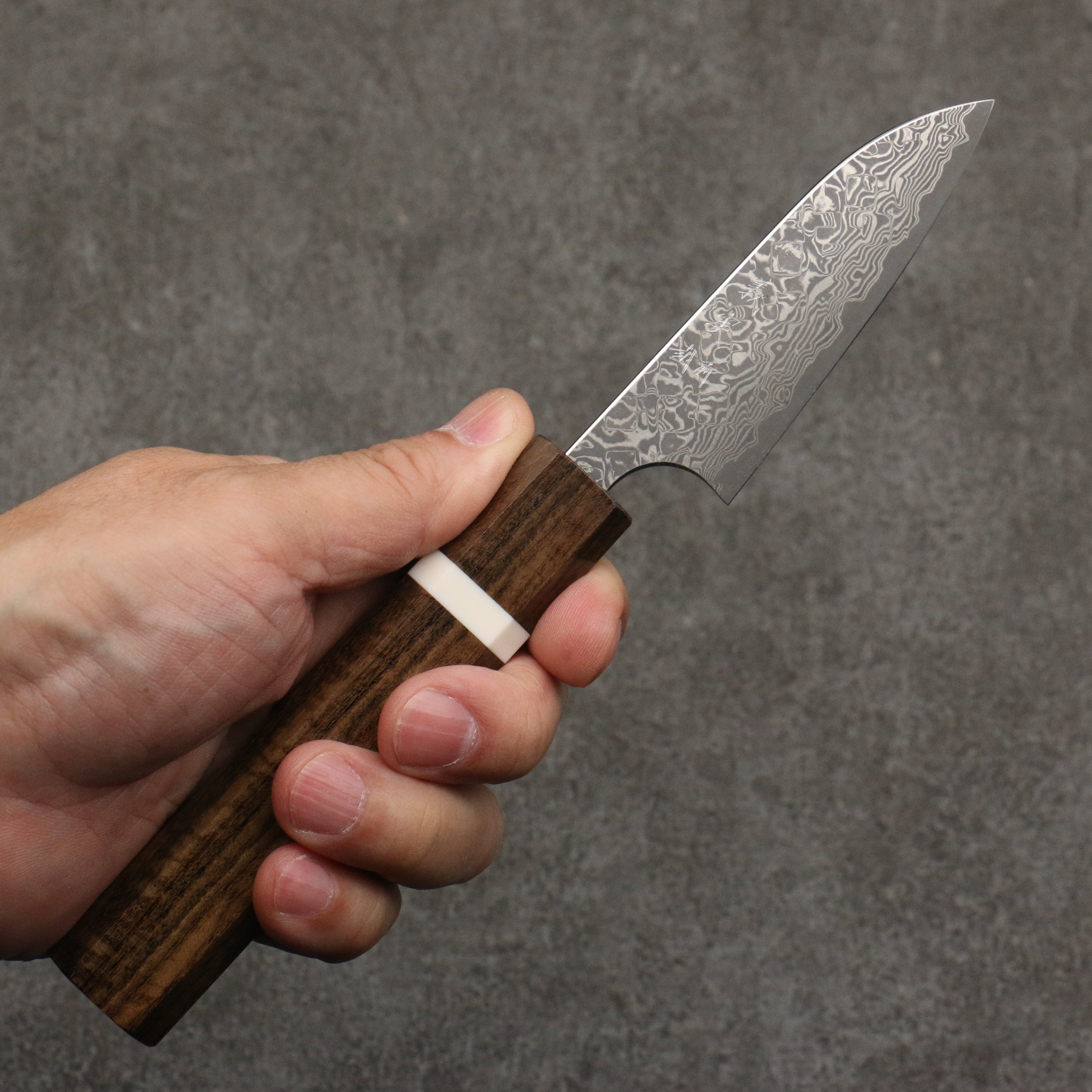 Yoshimi Kato VG10 Black Damascus Paring 75mm Sandalwood & White Ring Handle - Seisuke Knife