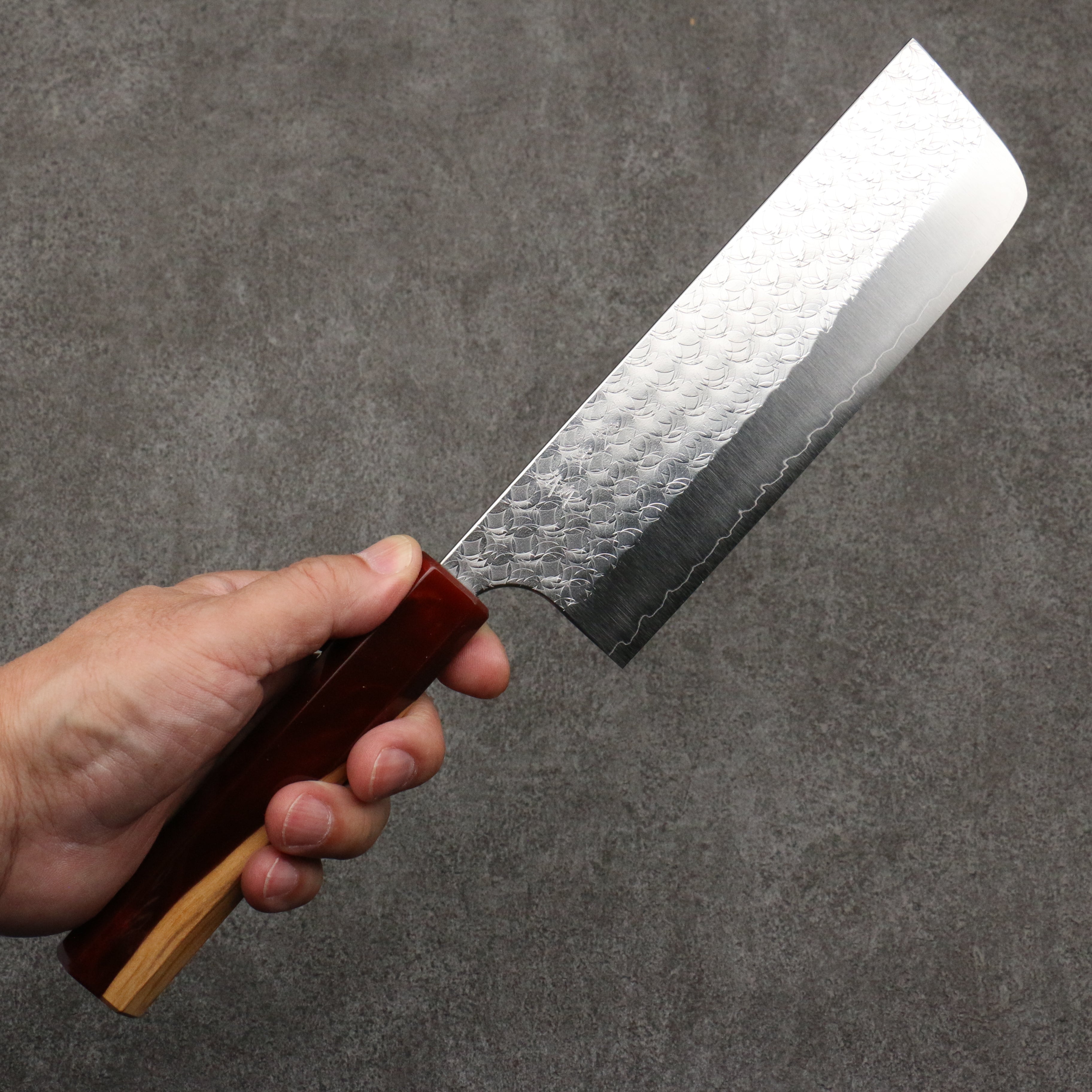 Yoshimi Kato Minamo SG2 Hammered Nakiri 165mm Olive Tree and Red Resin Handle - Seisuke Knife