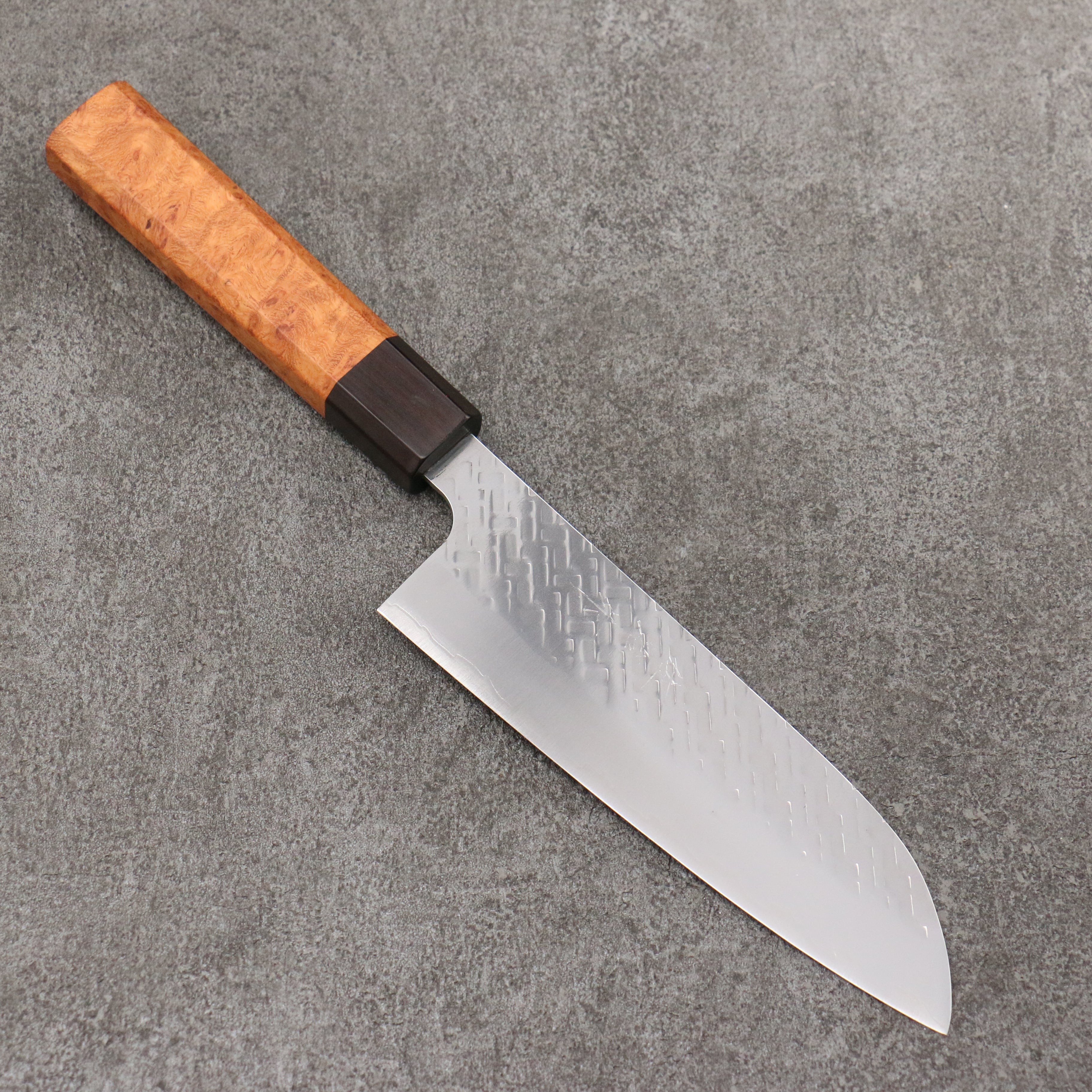 Takeshi Saji SPG STRIX Hammered Migaki Finished Santoku 165mm Chinese Quince Burl (Ferrule: Ebony) Handle - Seisuke Knife