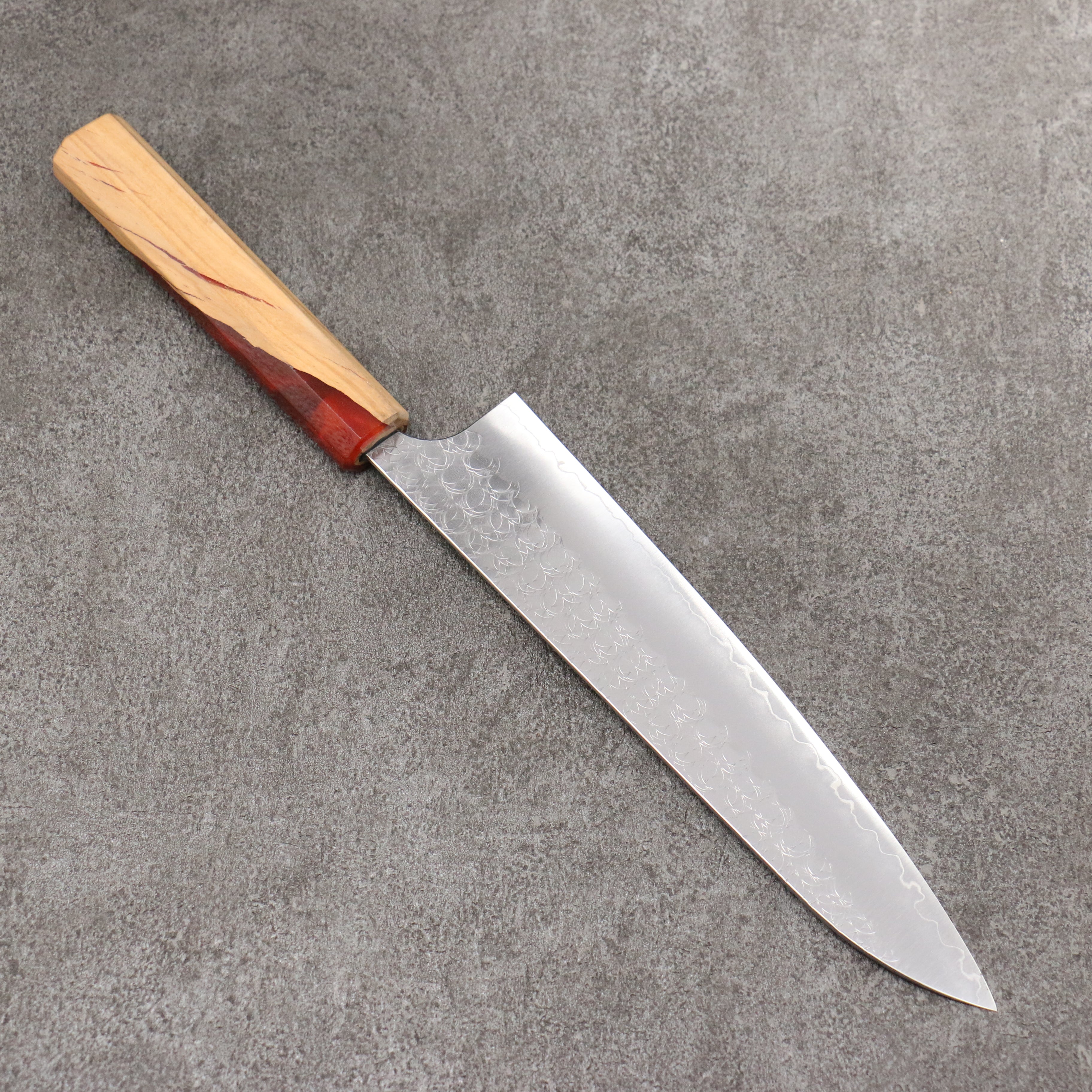 Yoshimi Kato Minamo SG2 Hammered Gyuto 210mm Olive Tree and Red Resin Handle - Seisuke Knife