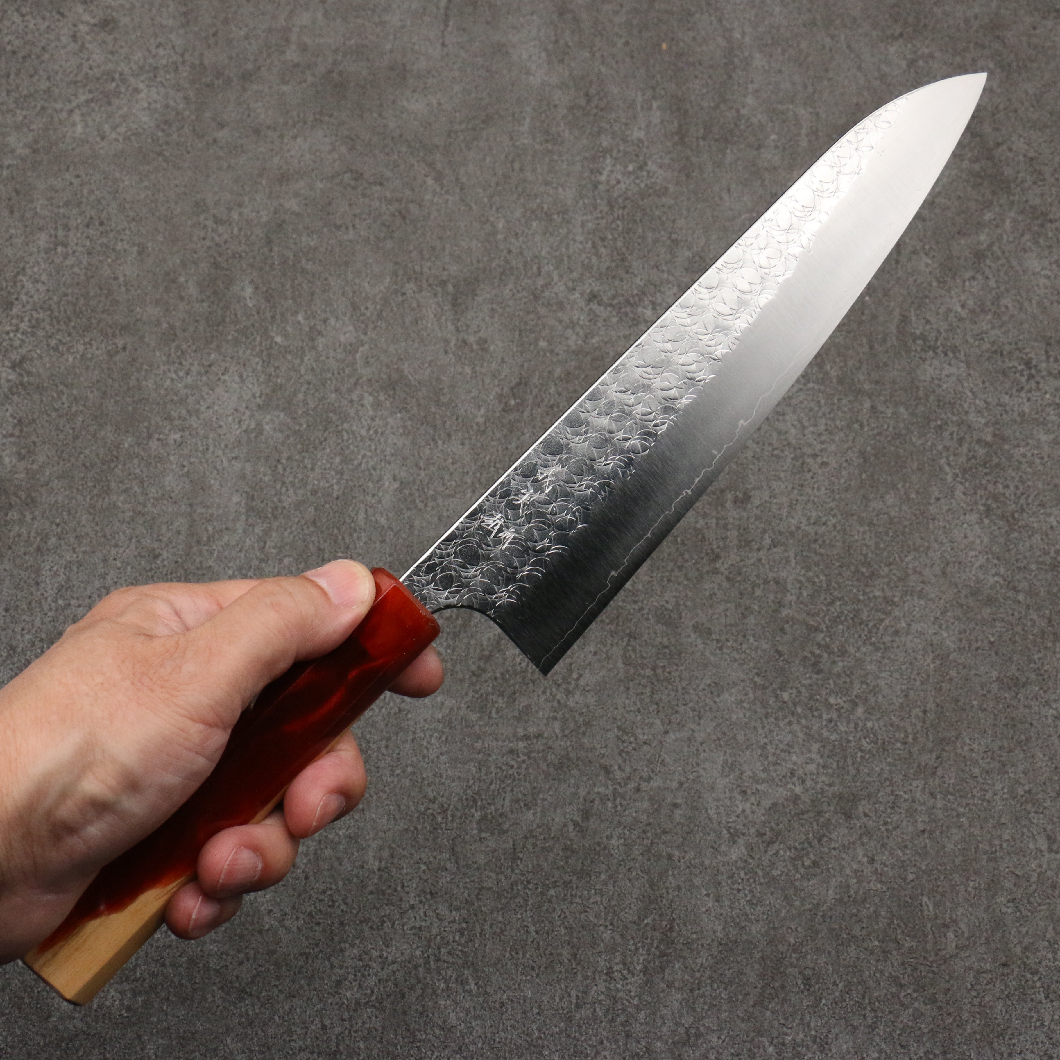 Yoshimi Kato Minamo SG2 Hammered Gyuto 210mm Olive Tree and Red Resin Handle - Seisuke Knife