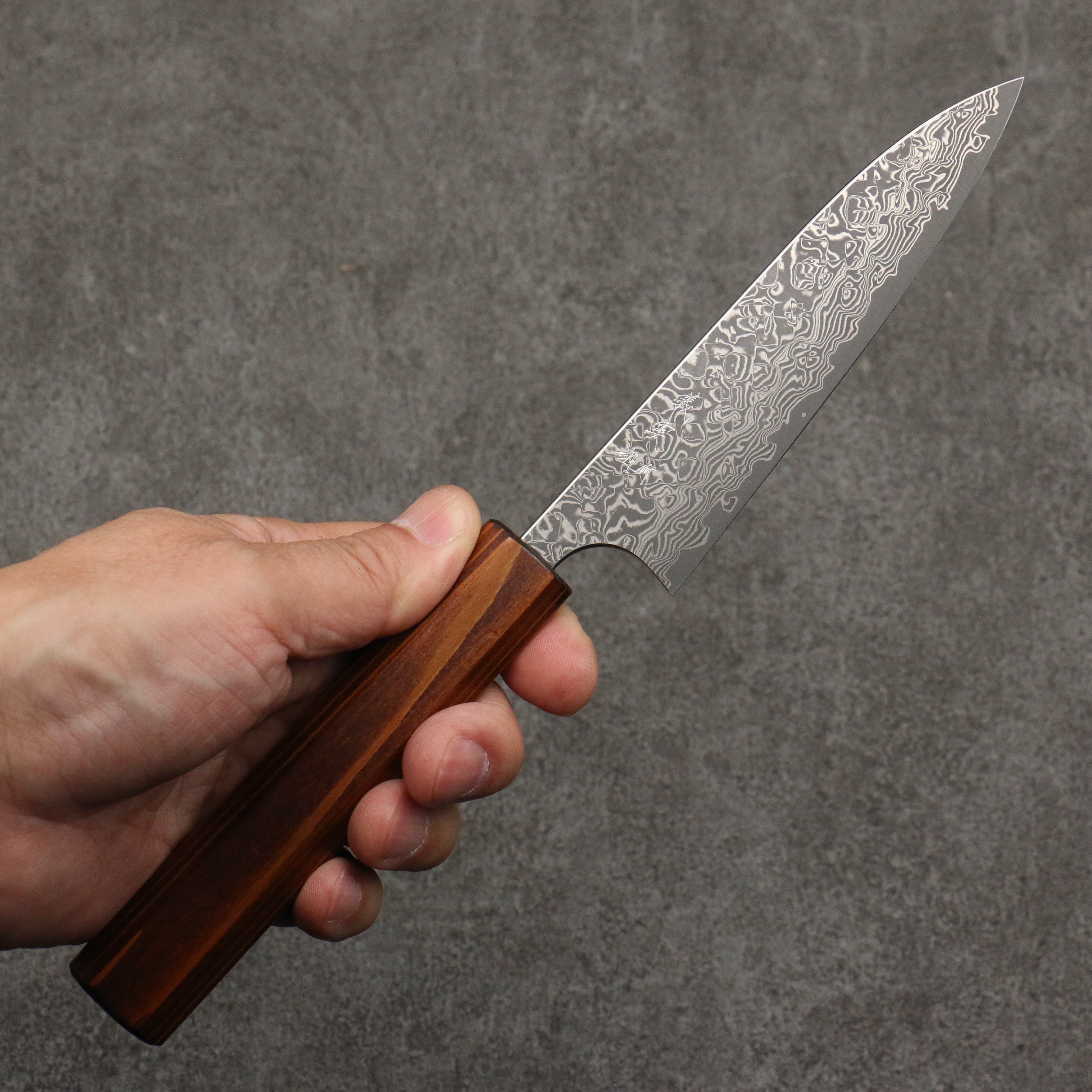 Yoshimi Kato VG10 Black Damascus Petty-Utility 120mm Cedar (Wiped on Lacquer) Handle - Seisuke Knife