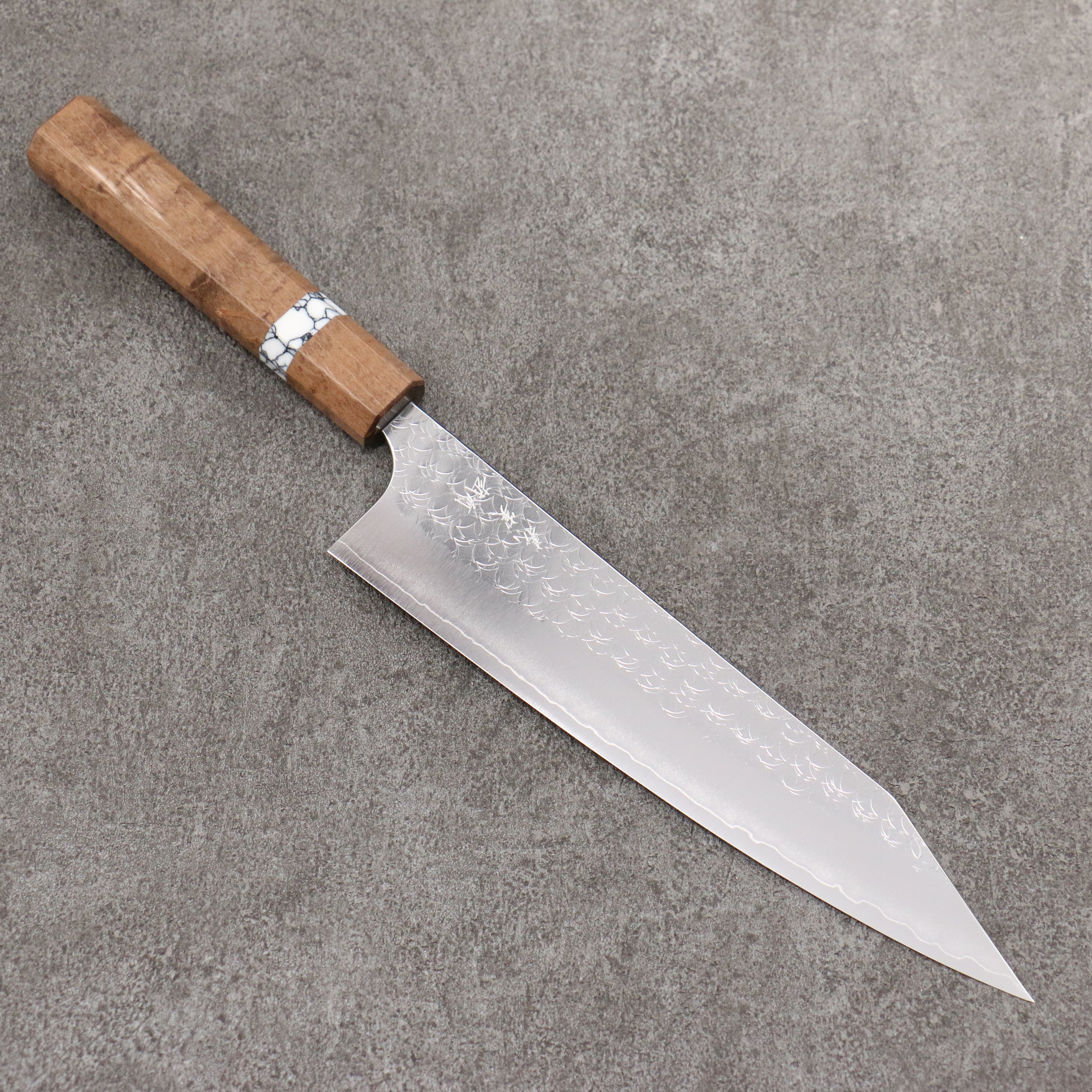 Yoshimi Kato Minamo SG2 Hammered Kiritsuke Gyuto 210mm Brown Stabilized Wood (White turquoise Ring) Handle - Seisuke Knife