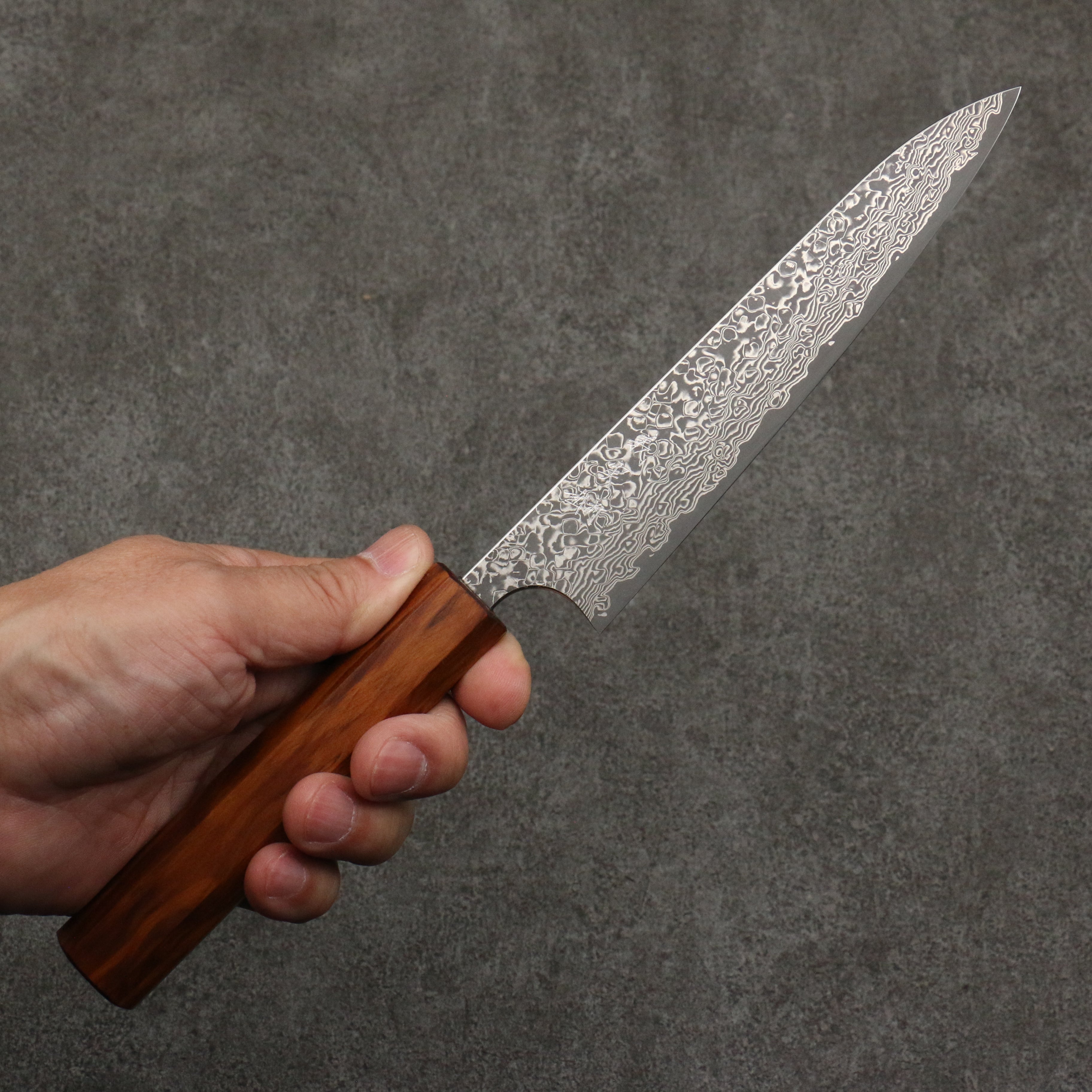Yoshimi Kato VG10 Black Damascus Petty-Utility 150mm Cedar (Wiped on Lacquer) Handle - Seisuke Knife