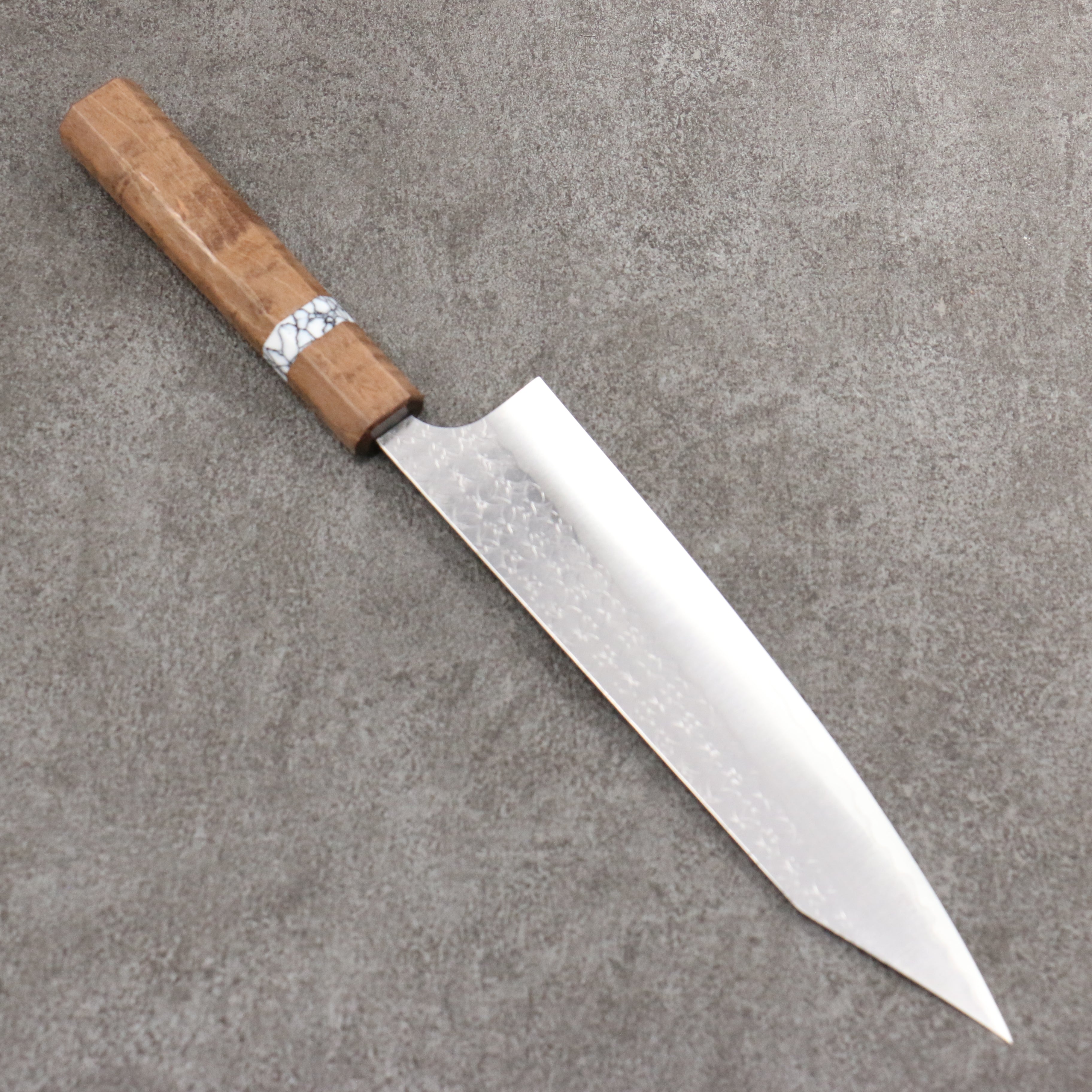 Yoshimi Kato Minamo SG2 Hammered Kiritsuke Gyuto 210mm Brown Stabilized Wood (White turquoise Ring) Handle - Seisuke Knife