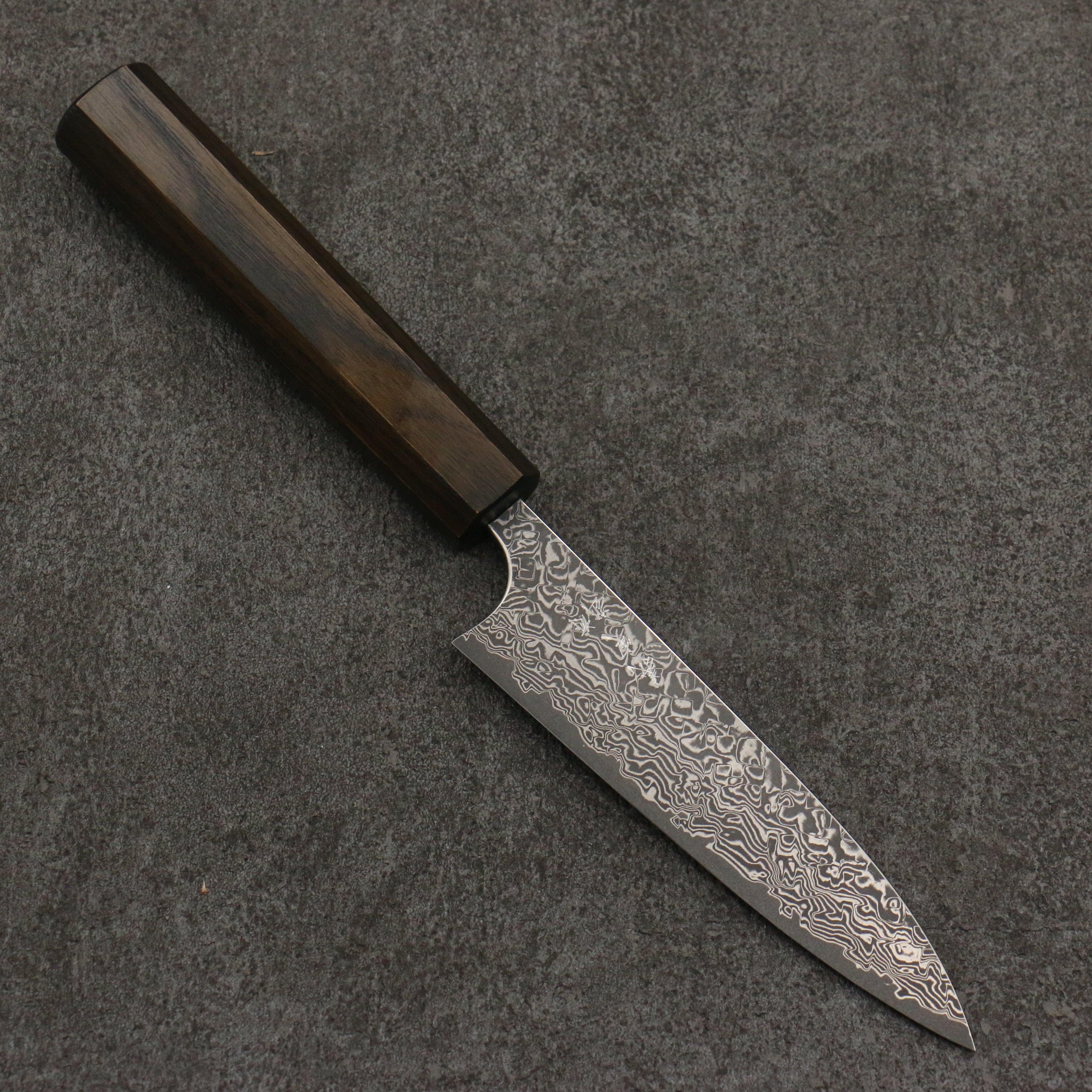 Yoshimi Kato VG10 Black Damascus Petty-Utility 120mm Dark Lacquered Japanese Pagoda Tree Handle - Seisuke Knife