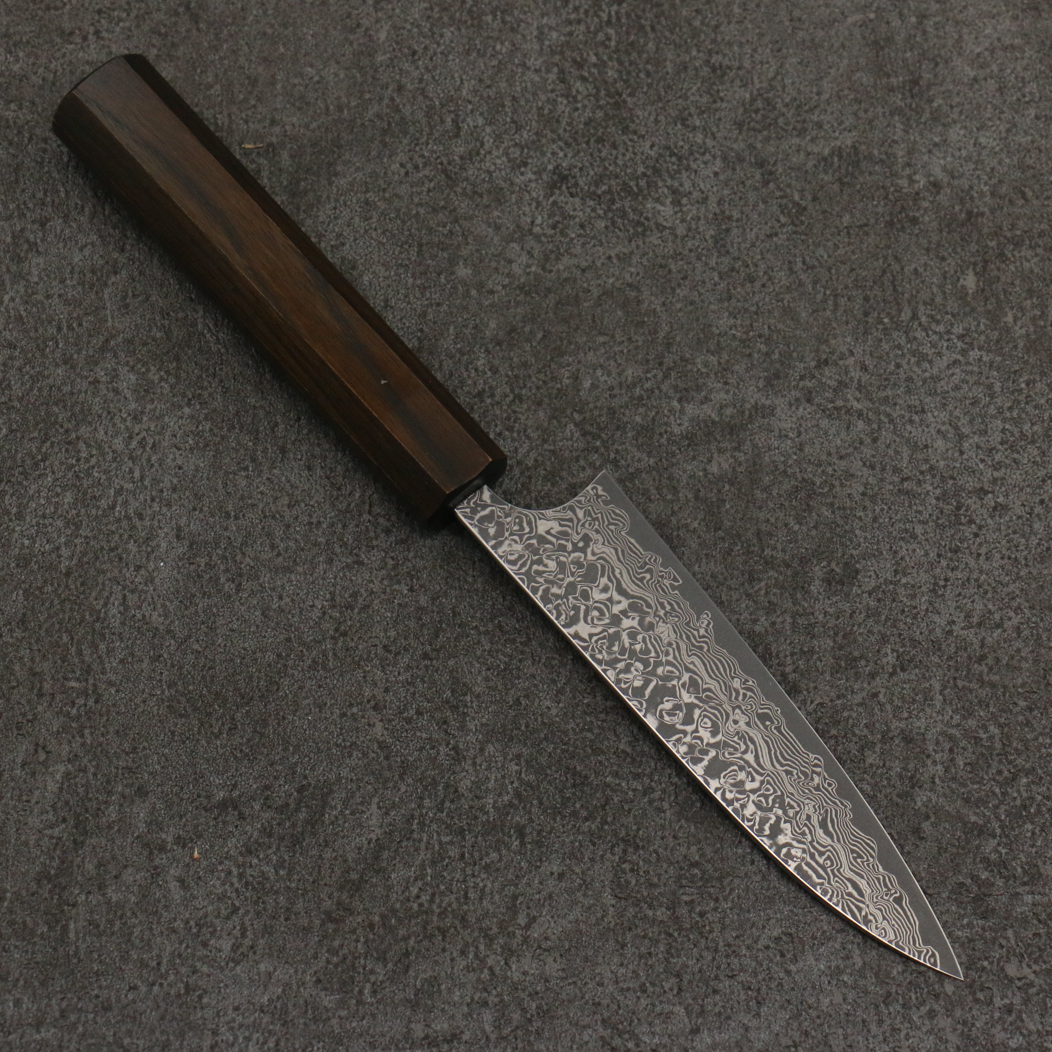 Yoshimi Kato VG10 Black Damascus Petty-Utility 120mm Dark Lacquered Japanese Pagoda Tree Handle - Seisuke Knife