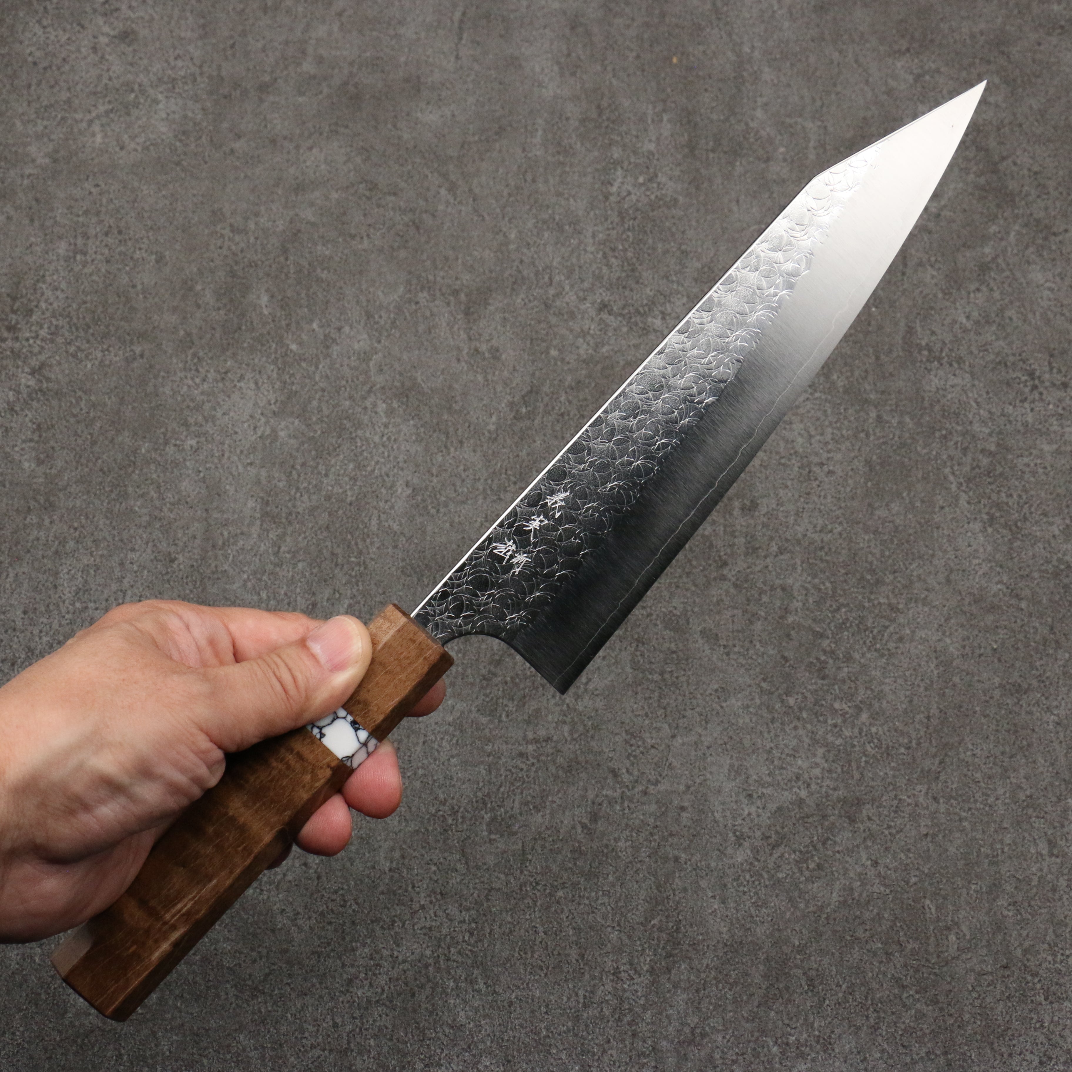 Yoshimi Kato Minamo SG2 Hammered Kiritsuke Gyuto 210mm Brown Stabilized Wood (White turquoise Ring) Handle - Seisuke Knife