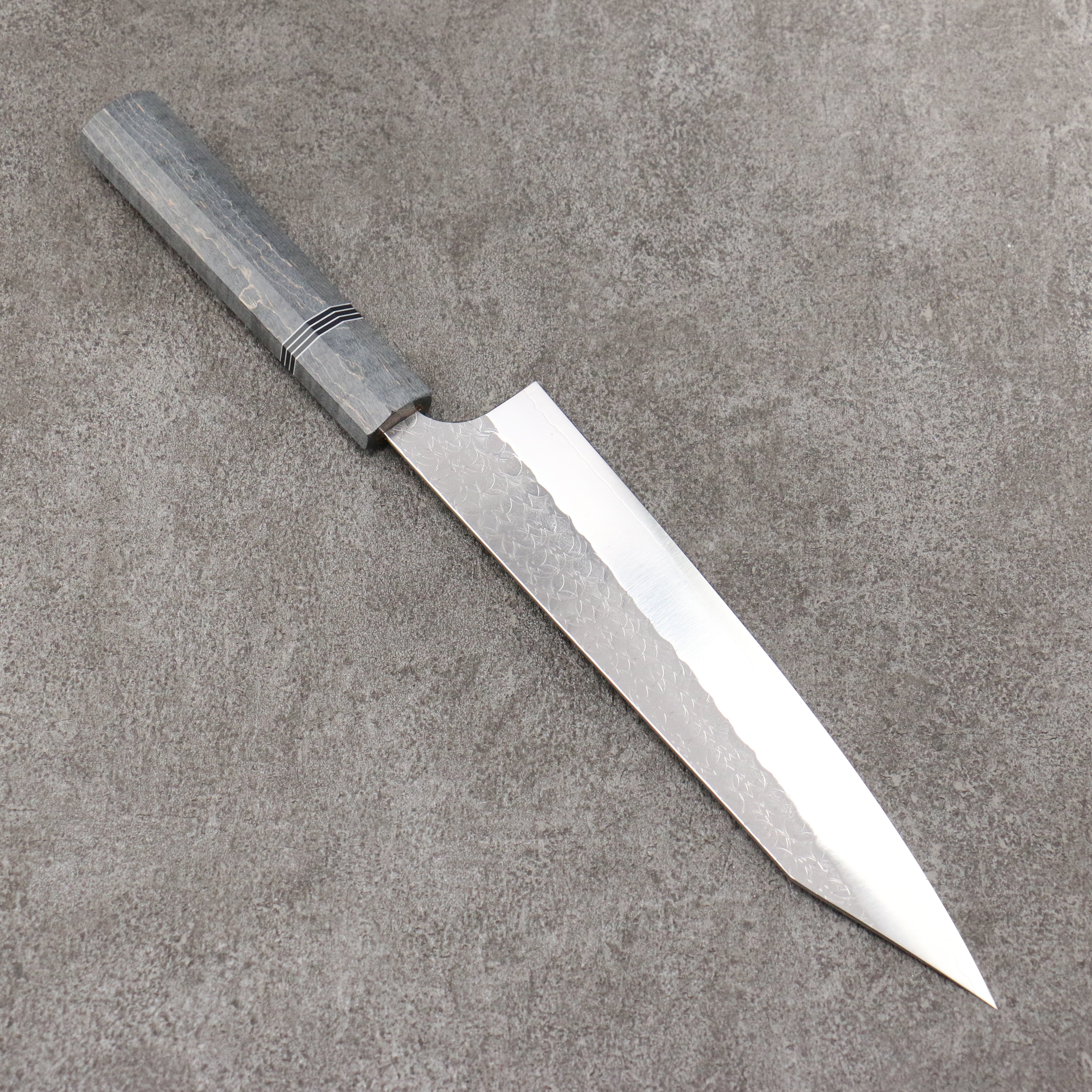 Yoshimi Kato Minamo SG2 Hammered Kiritsuke Gyuto 210mm Gray Stablilized Wood (Black and White Rings) Handle - Seisuke Knife