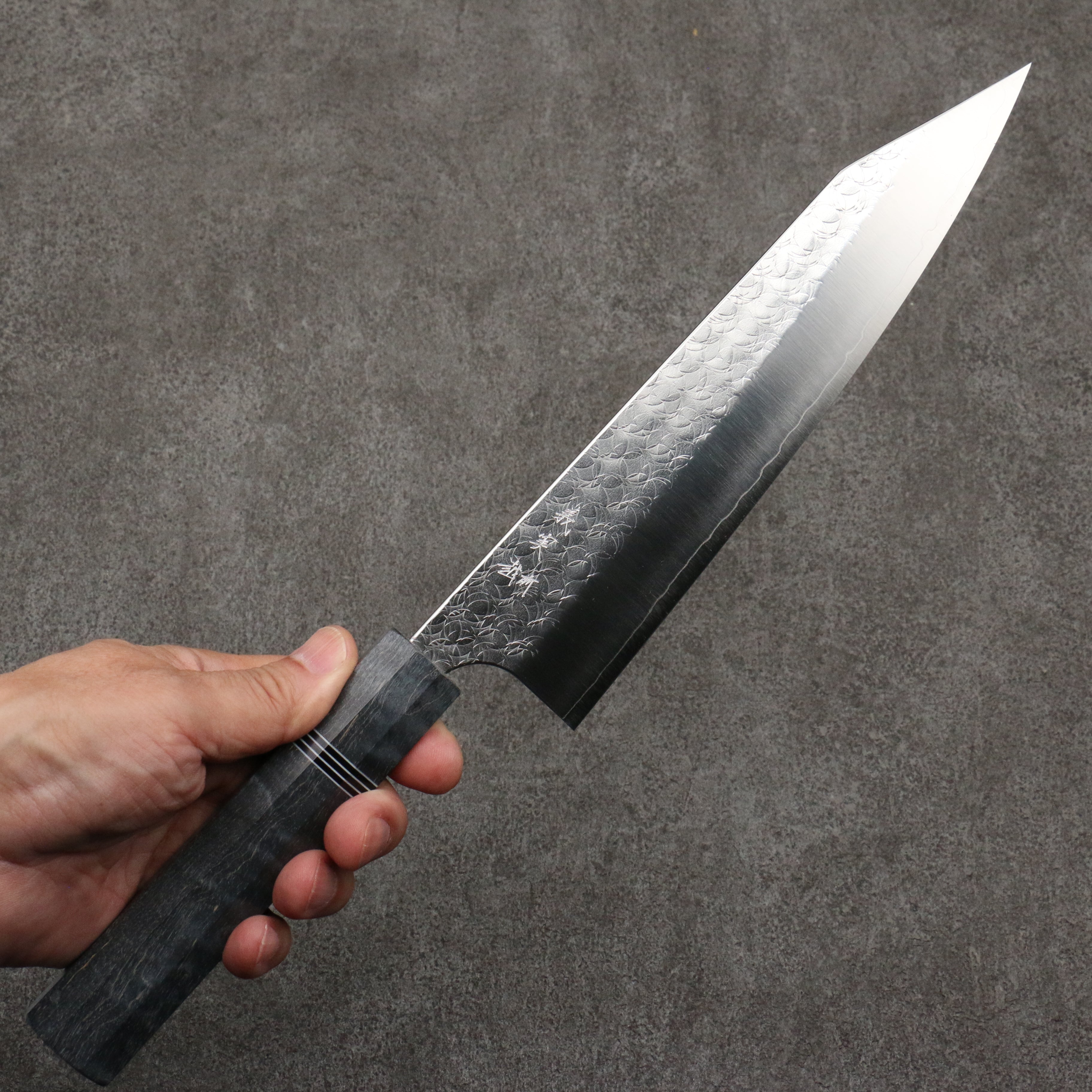 Yoshimi Kato Minamo SG2 Hammered Kiritsuke Gyuto 210mm Gray Stablilized Wood (Black and White Rings) Handle - Seisuke Knife