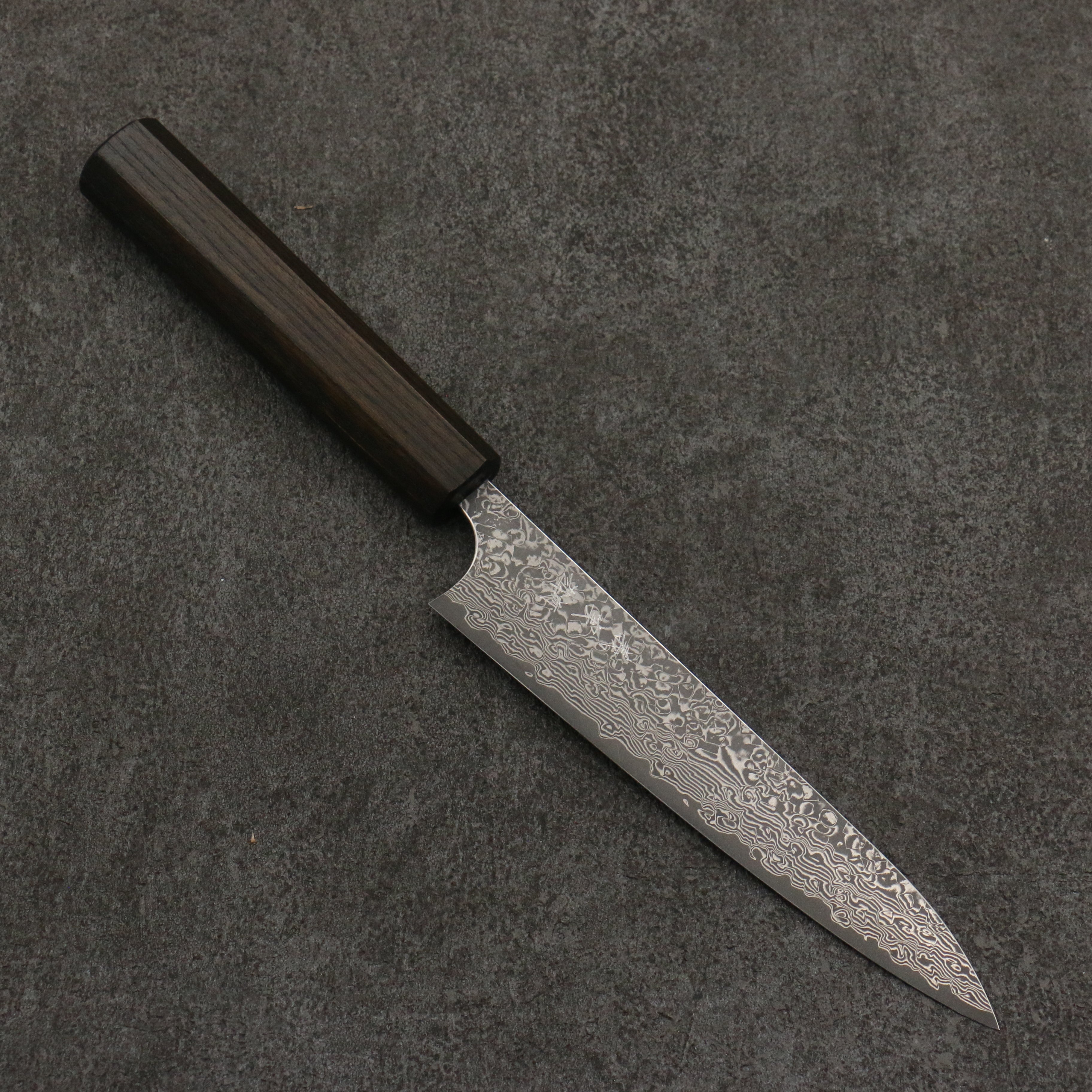 Yoshimi Kato VG10 Black Damascus Petty-Utility 150mm Dark Lacquered Japanese Pagoda Tree Handle - Seisuke Knife