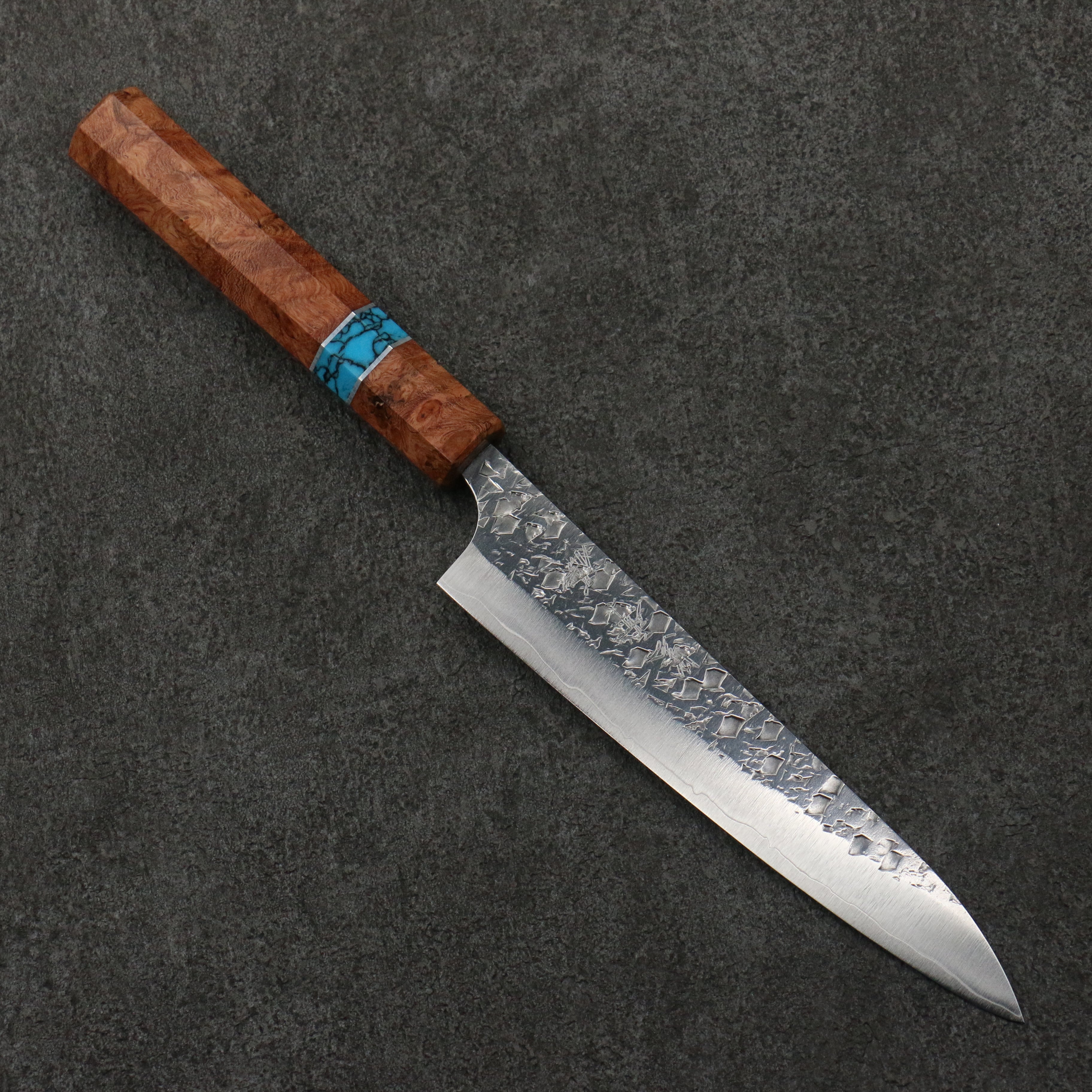 Yu Kurosaki Shizuku SG2 Hammered Petty-Utility 150mm Chinese Quince Burl (Turquoise Ring) Handle - Seisuke Knife