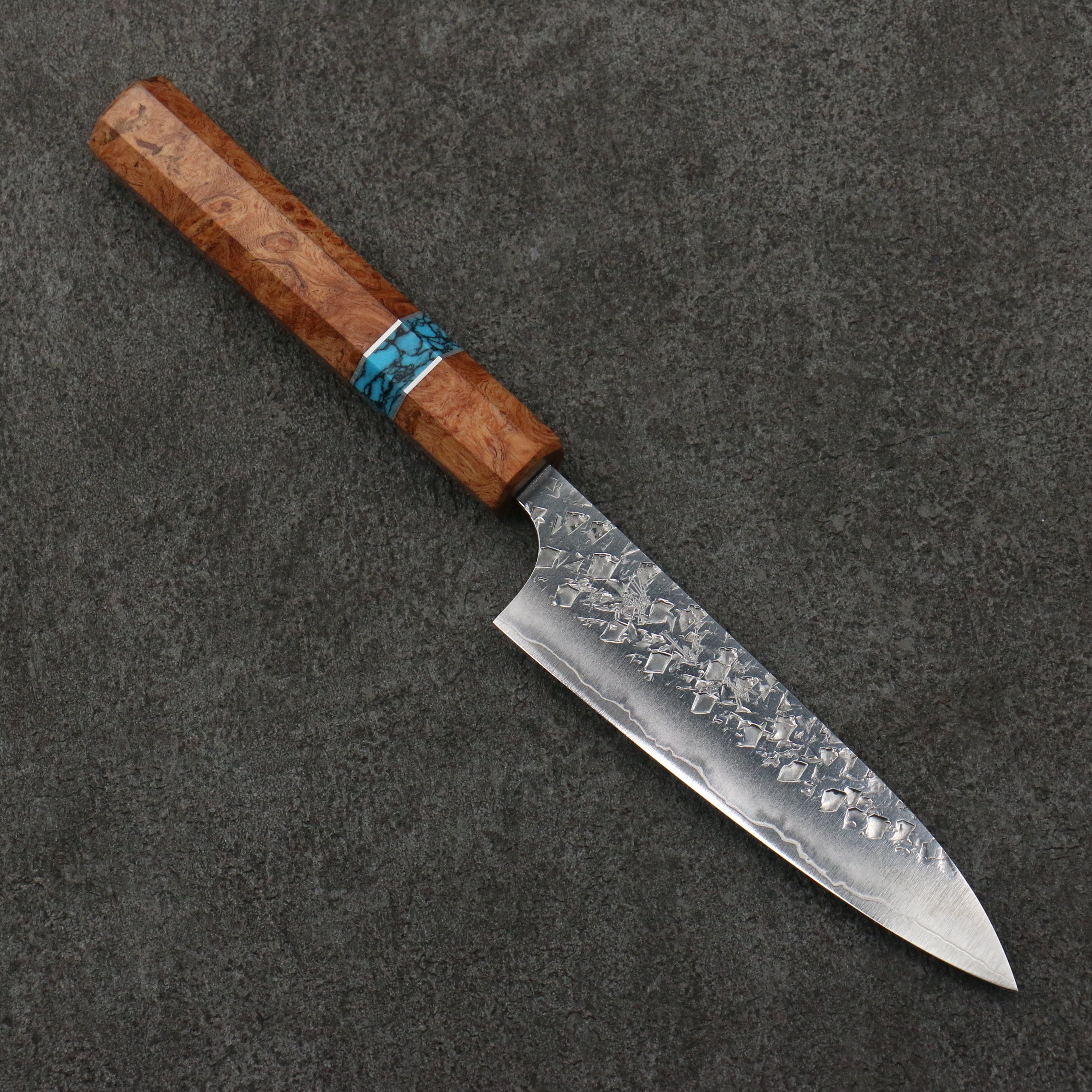 Yu Kurosaki Shizuku SG2 Hammered Petty-Utility 120mm Chinese Quince Burl (Turquoise Ring) Handle - Seisuke Knife