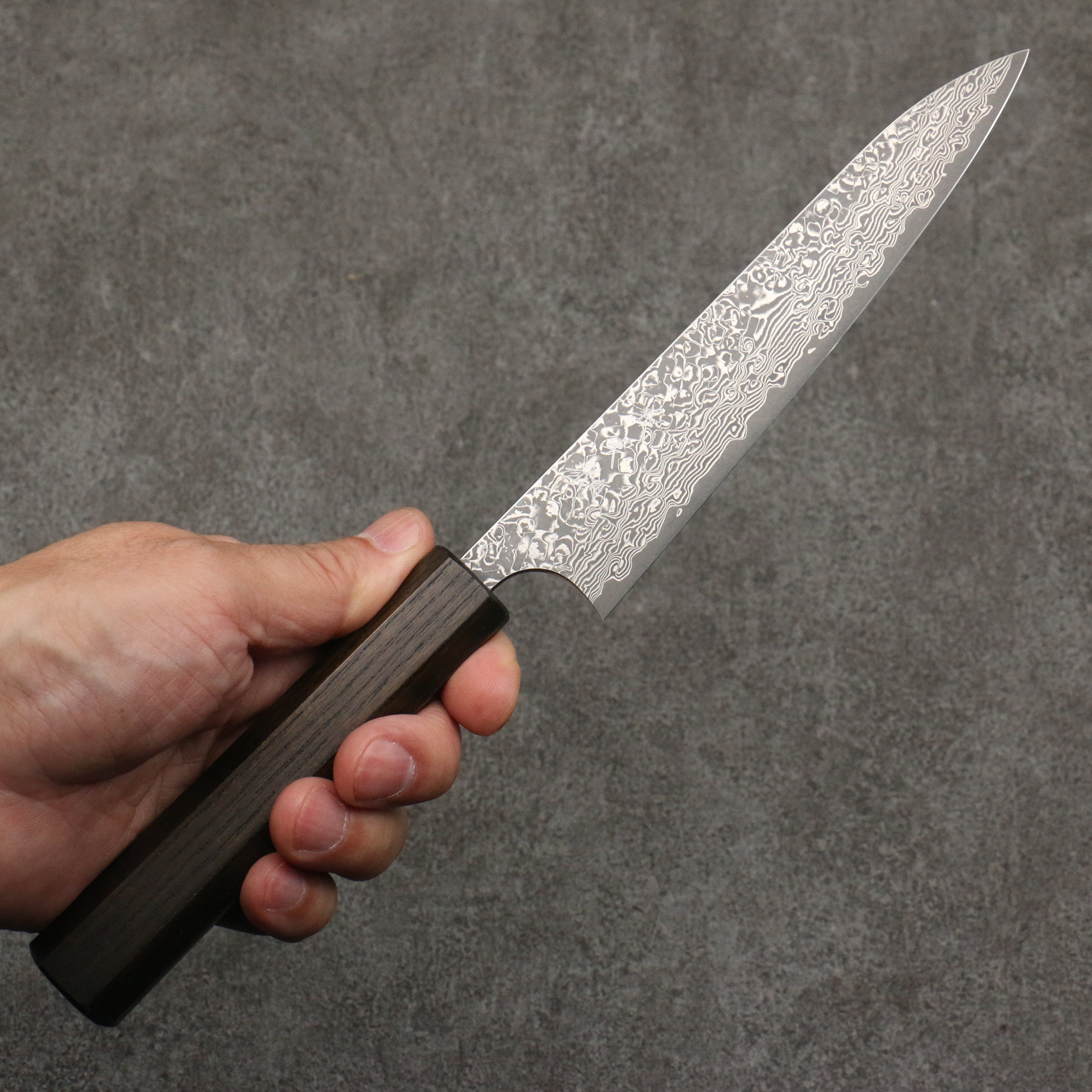 Yoshimi Kato VG10 Black Damascus Petty-Utility 150mm Dark Lacquered Japanese Pagoda Tree Handle - Seisuke Knife