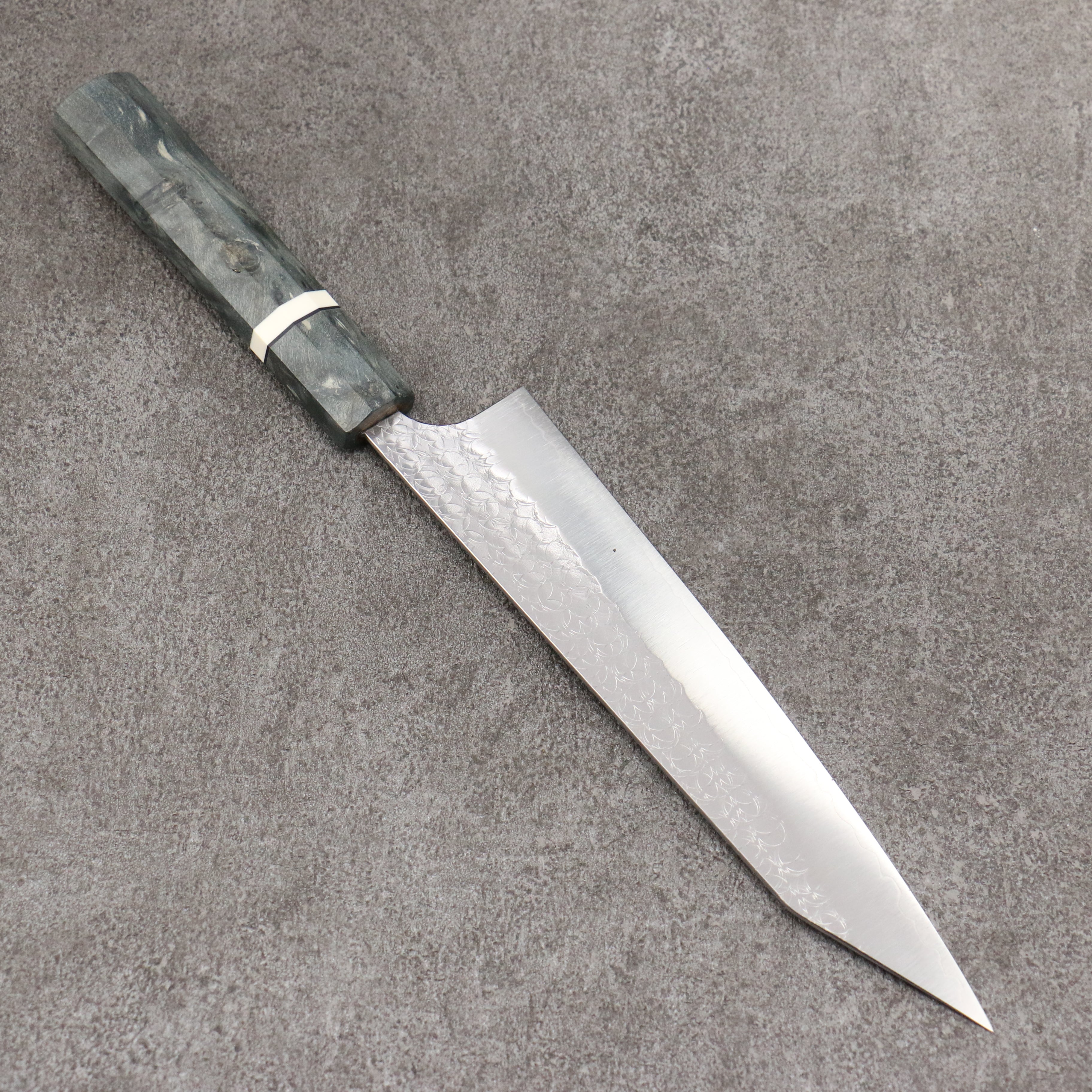 Yoshimi Kato Minamo SG2 Hammered Kiritsuke Gyuto 210mm Gray Stablilized Wood (White Ring) Handle - Seisuke Knife
