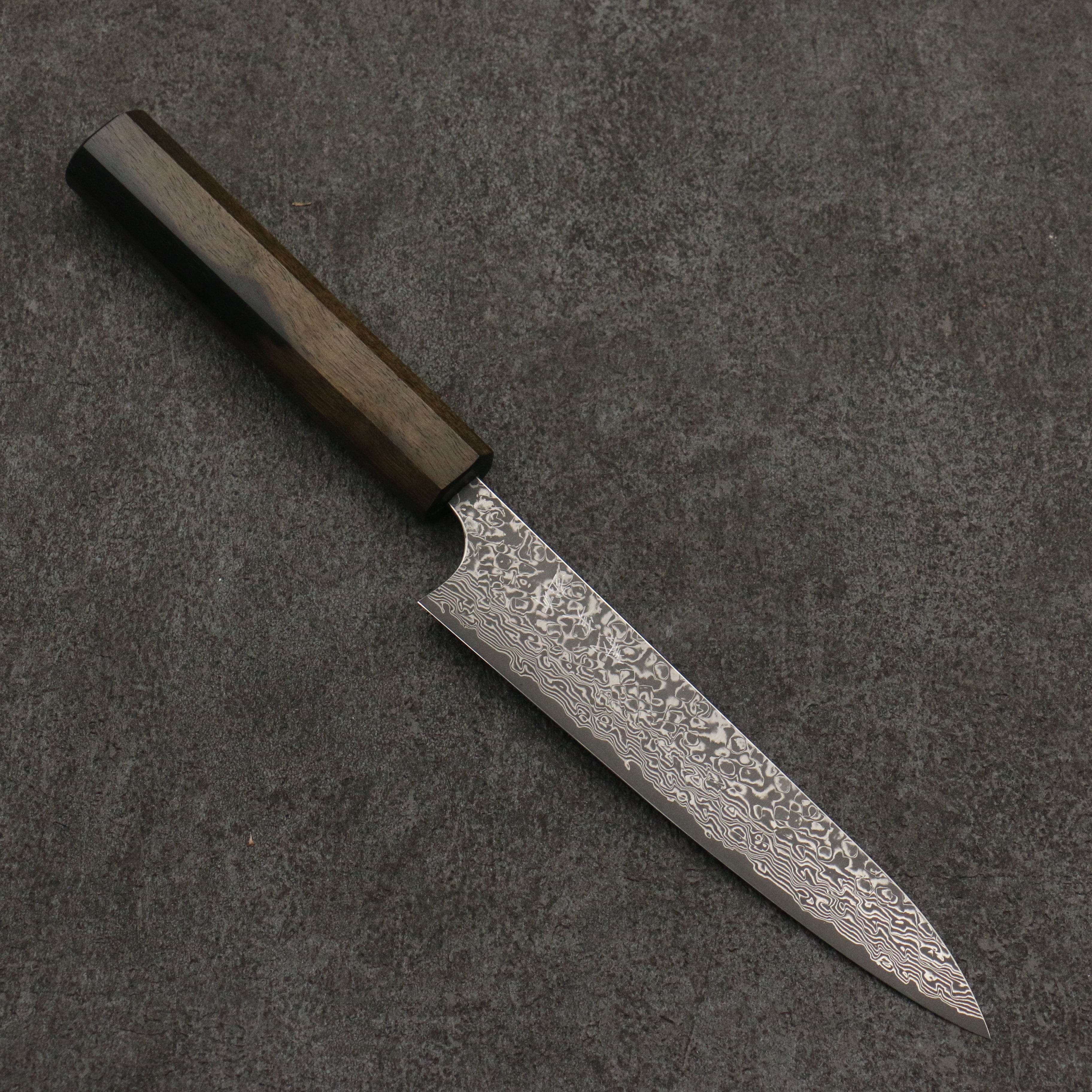 Yoshimi Kato VG10 Black Damascus Petty-Utility 150mm Dark Lacquered Black Persimmon Handle - Seisuke Knife