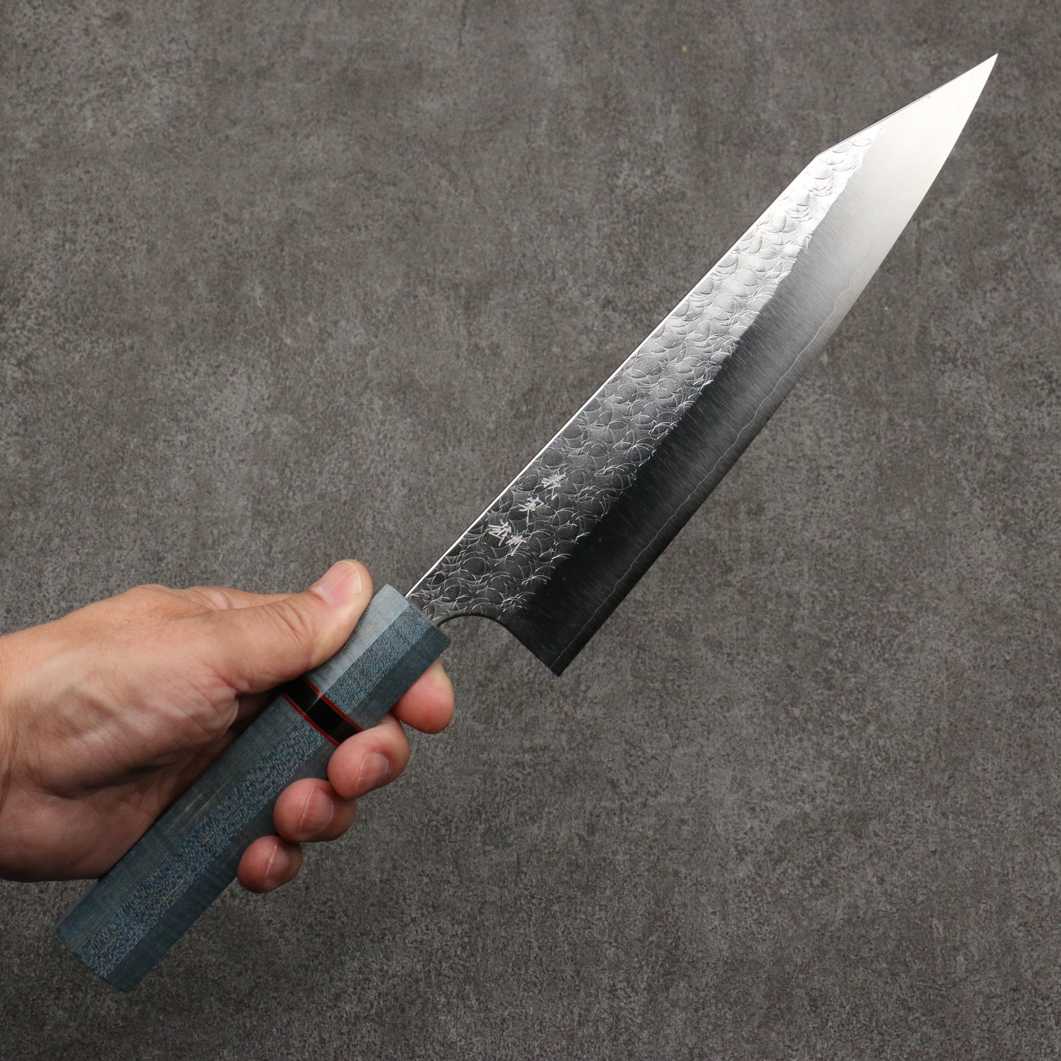 Yoshimi Kato Minamo SG2 Hammered Kiritsuke Gyuto 210mm Blue Stabilized Wood (With Black Ring) Handle - Seisuke Knife