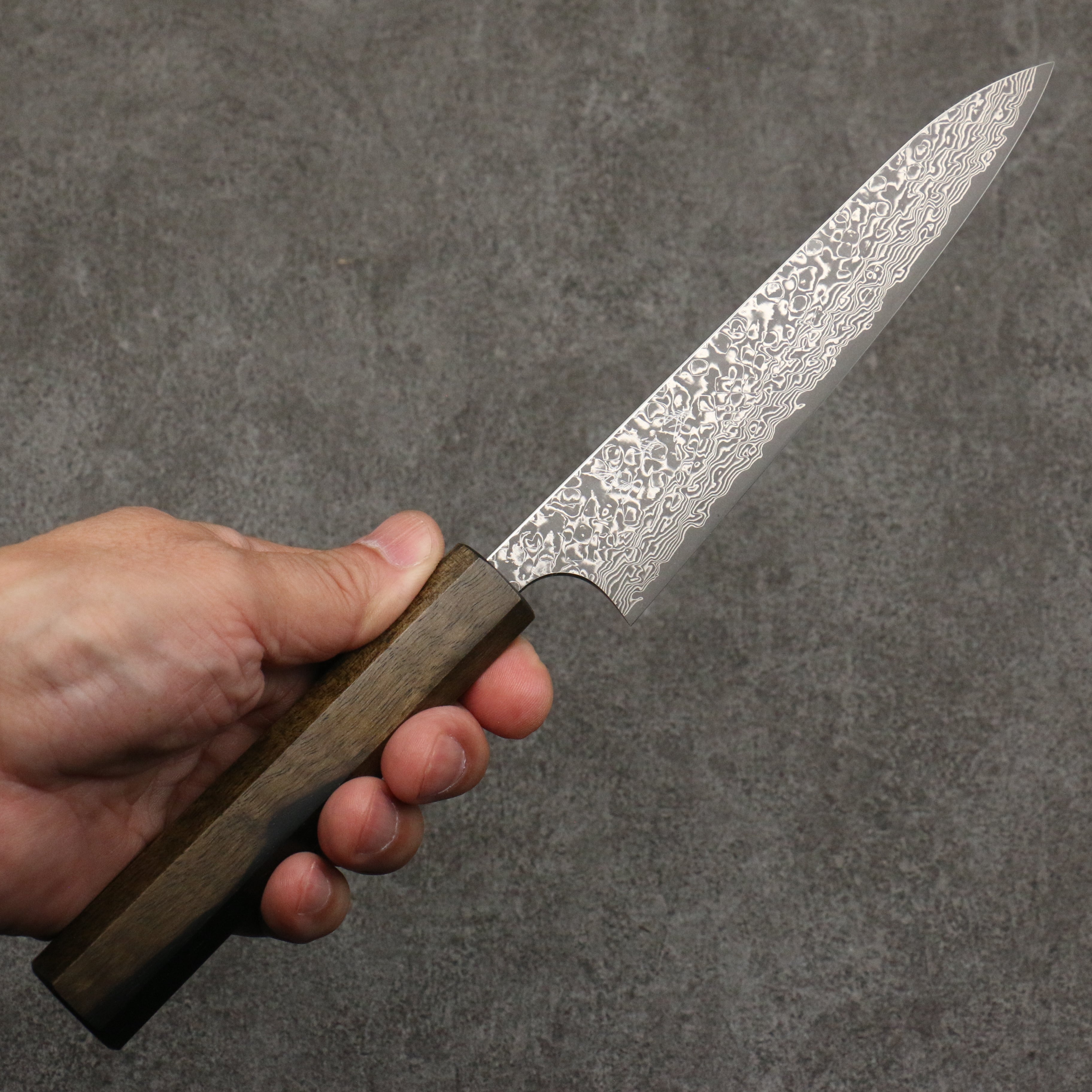 Yoshimi Kato VG10 Black Damascus Petty-Utility 150mm Dark Lacquered Black Persimmon Handle - Seisuke Knife