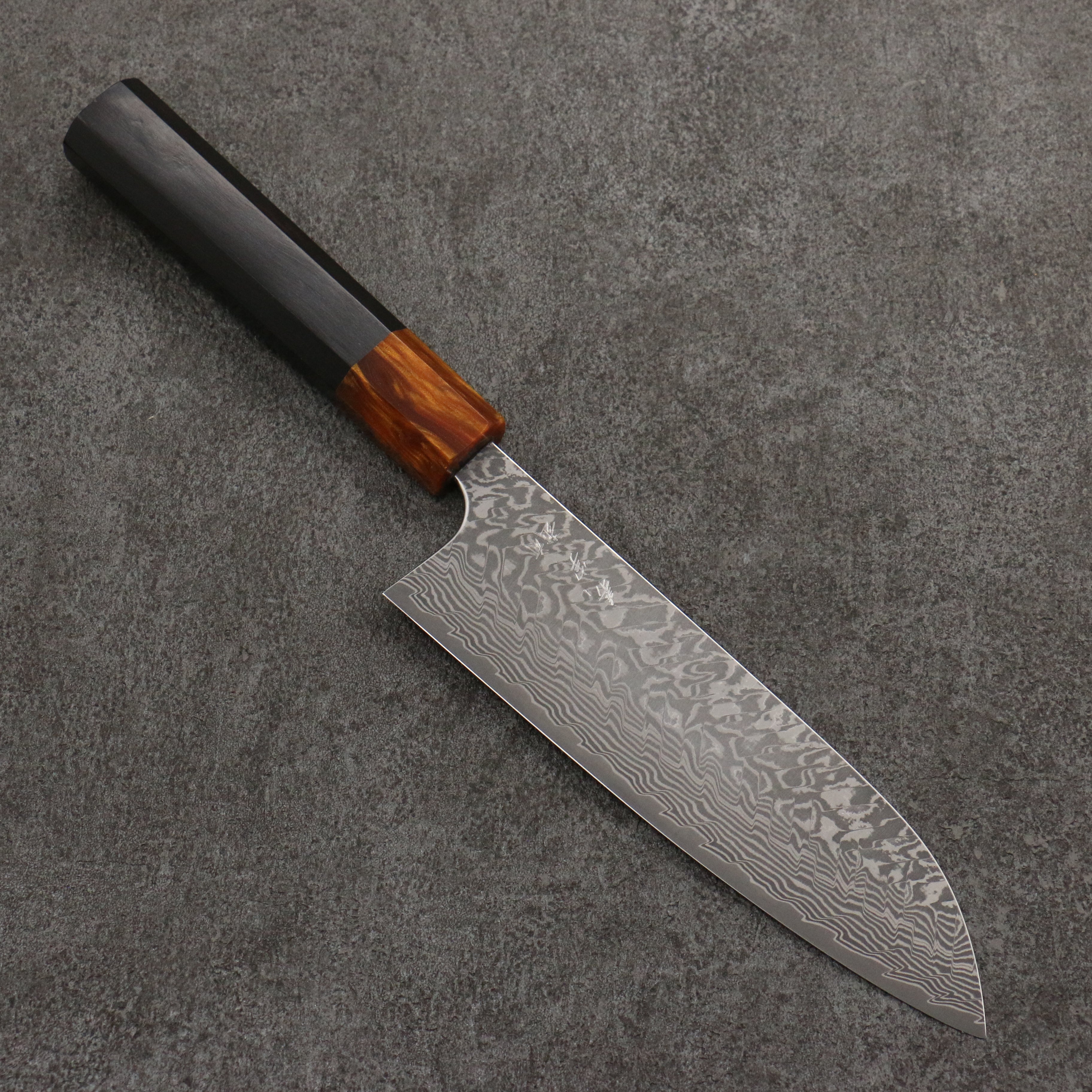 Yoshimi Kato SG2 Black Damascus Santoku 170mm Ebony (ferrule: Orange Resin) Handle - Seisuke Knife