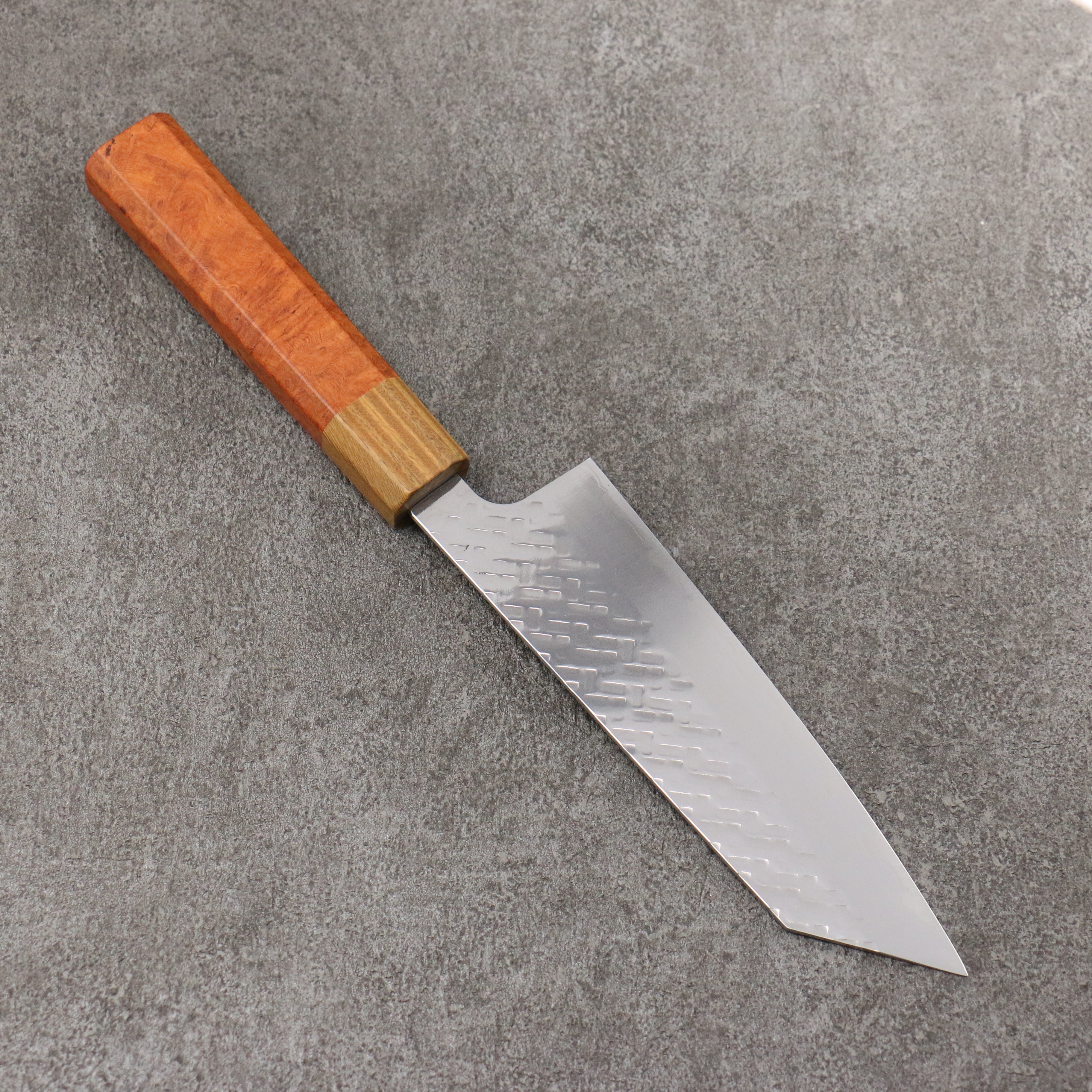 Takeshi Saji SPG STRIX Hammered Migaki Finished Bunka 165mm Chinese Quince Burl (Ferrule: Palo Santo) Handle - Seisuke Knife