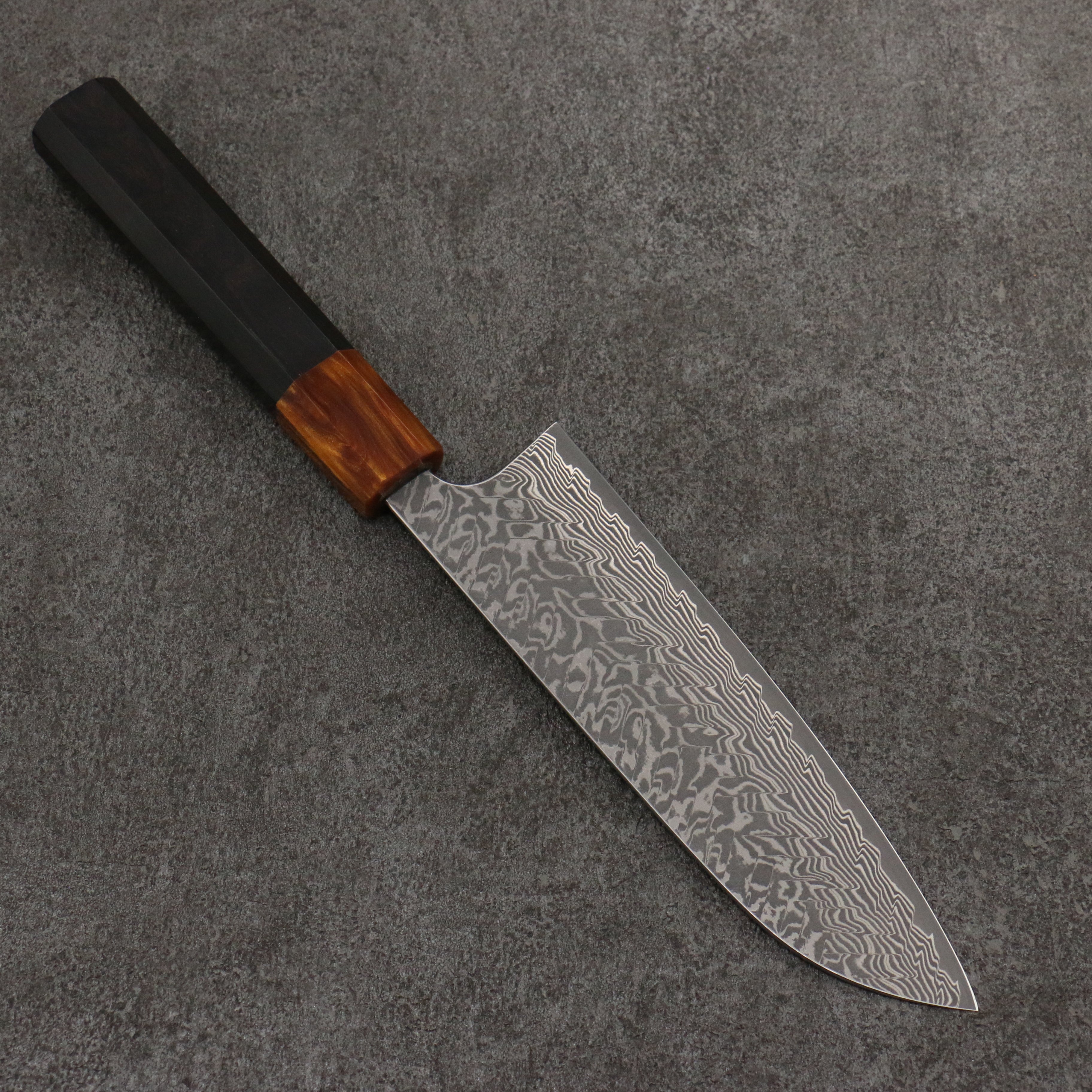 Yoshimi Kato SG2 Black Damascus Santoku 170mm Ebony (ferrule: Orange Resin) Handle - Seisuke Knife